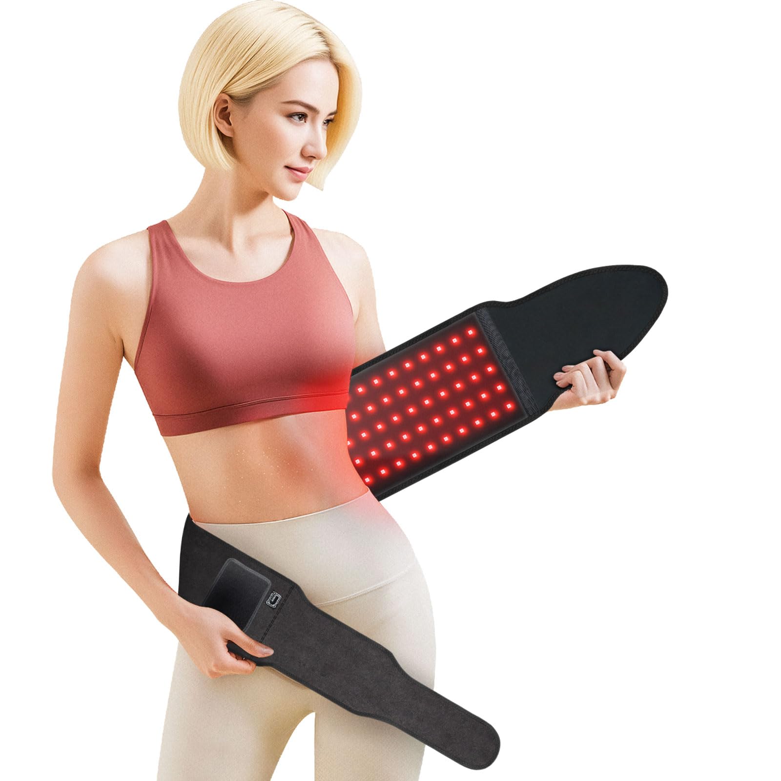 DRMATE red light therapy belt on torso showing targeted coverage for multiple areas