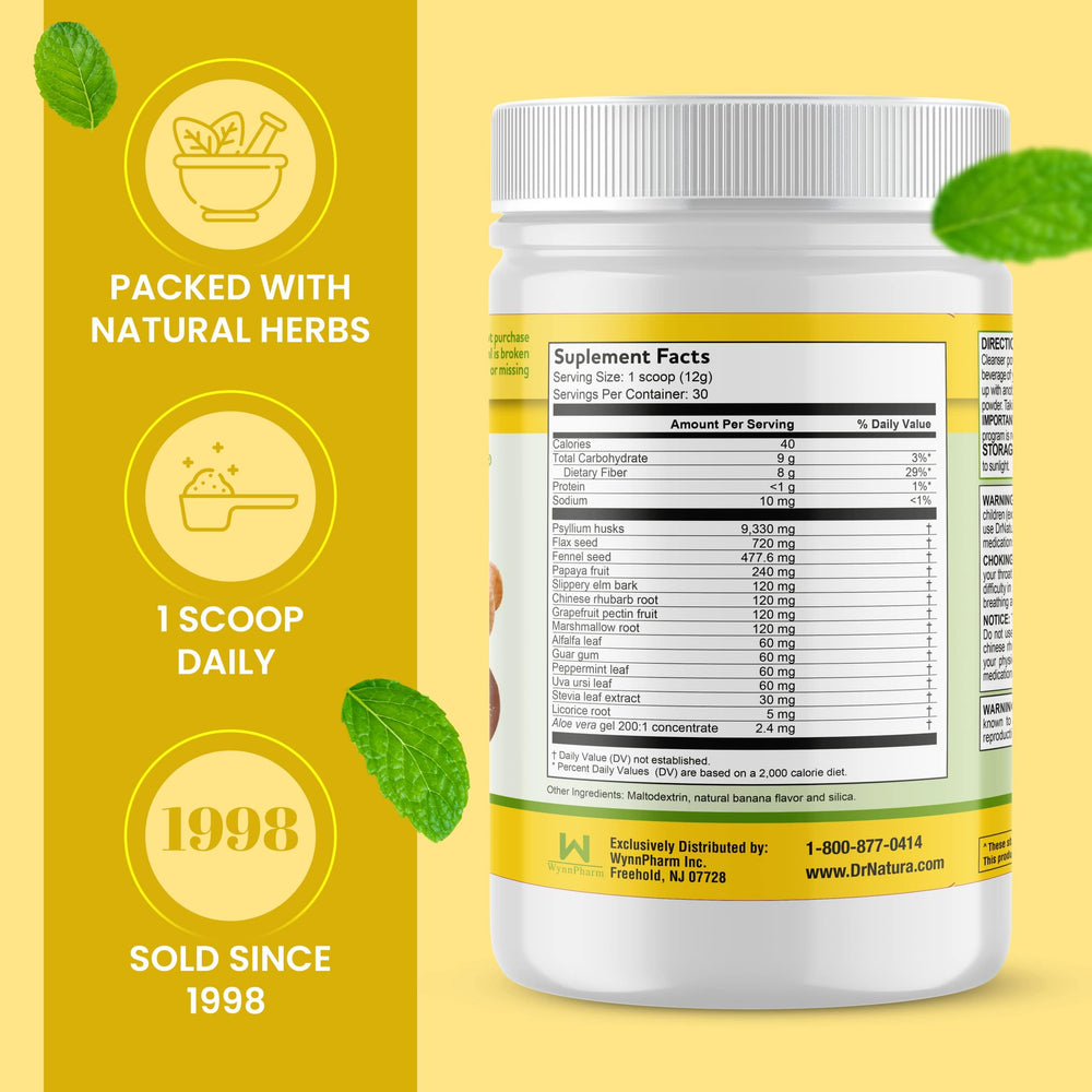 DrNatura Colonix herbal blend closeup showcasing a 40-herb mix supporting gut health.