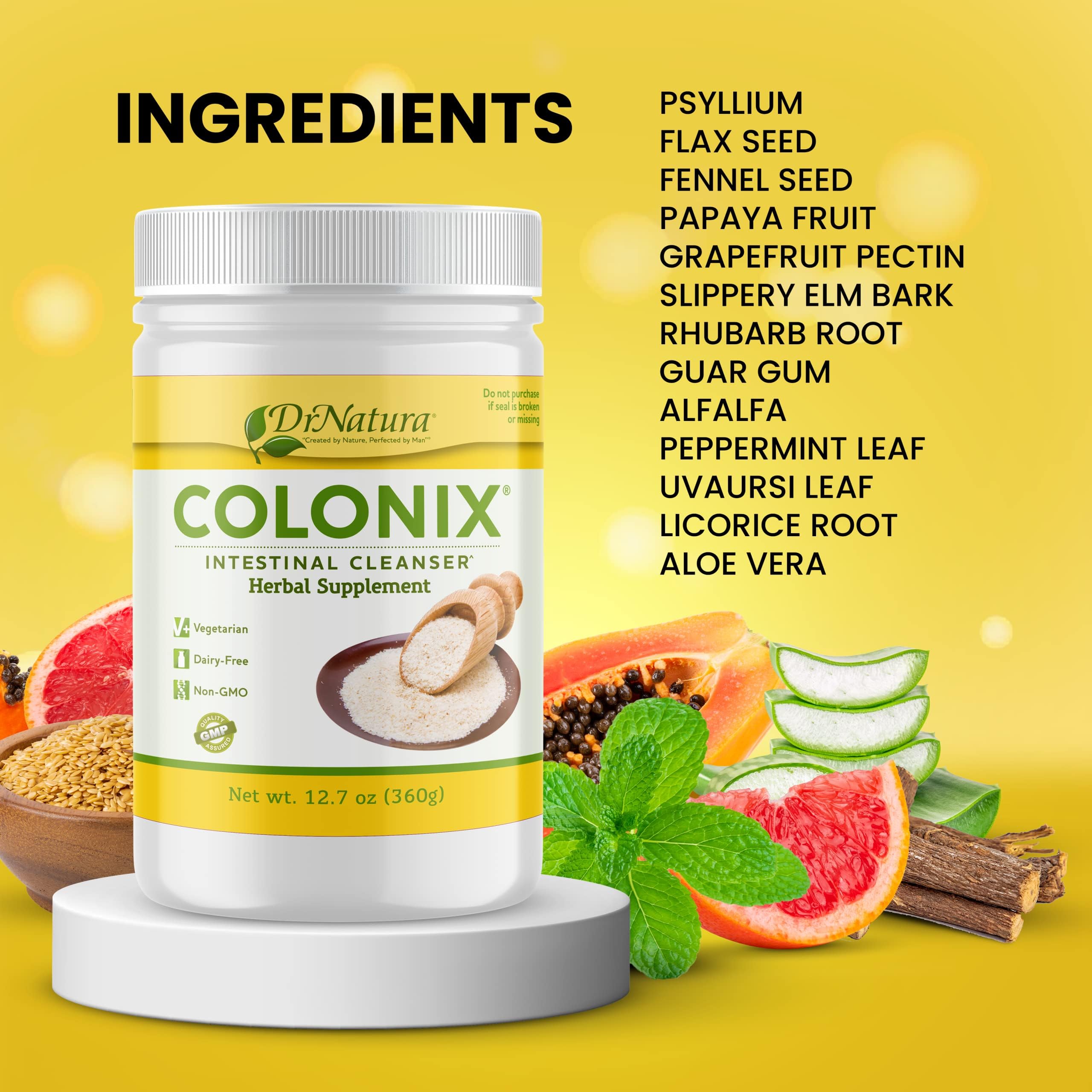 DrNatura Colonix ingredients label emphasizing plant-based, gluten-free, non-GMO formula.