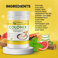 DrNatura Colonix ingredients label emphasizing plant-based, gluten-free, non-GMO formula.