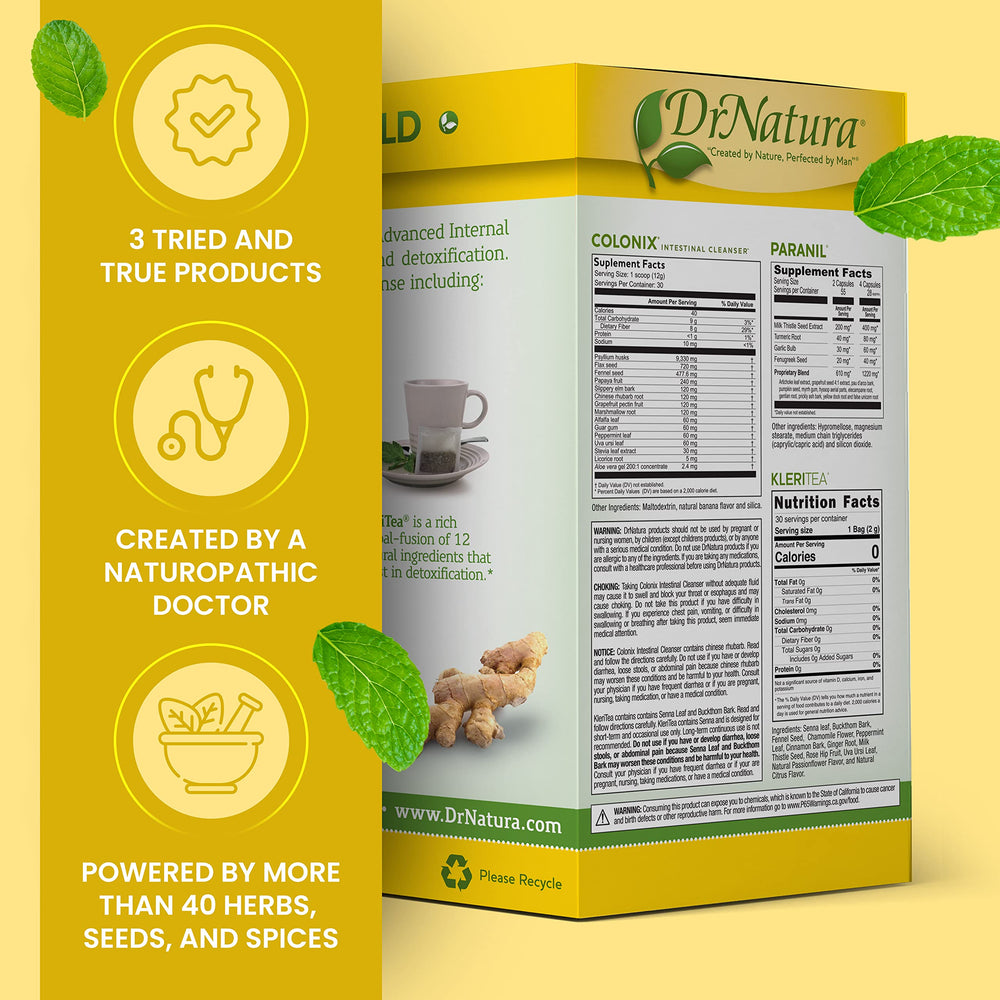 DrNatura Colonix herbal tea packets prepared for a soothing brew