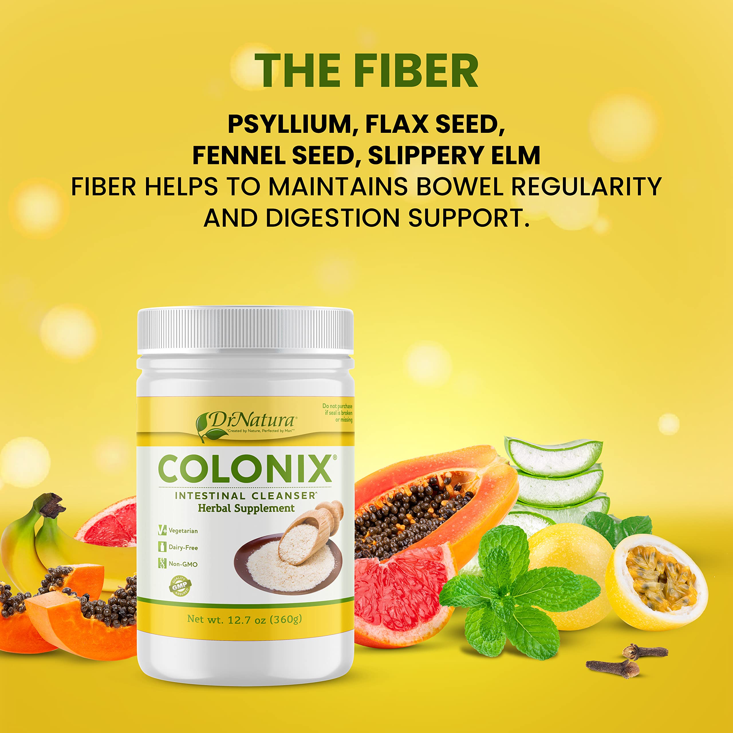 DrNatura Colonix measuring spoon alongside powder for precise dosing