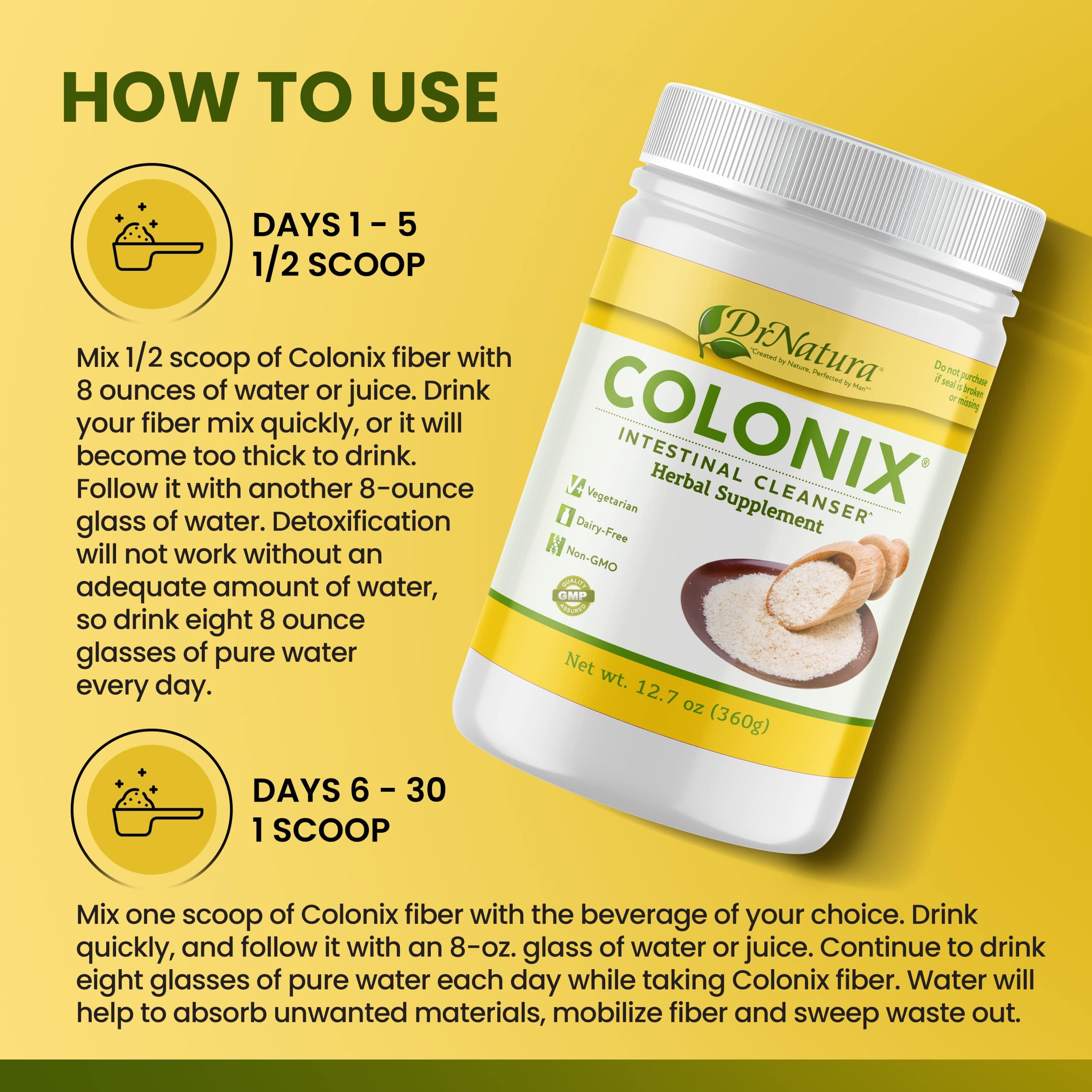 DrNatura Colonix powder texture highlighting natural fiber blend for gentle cleansing.