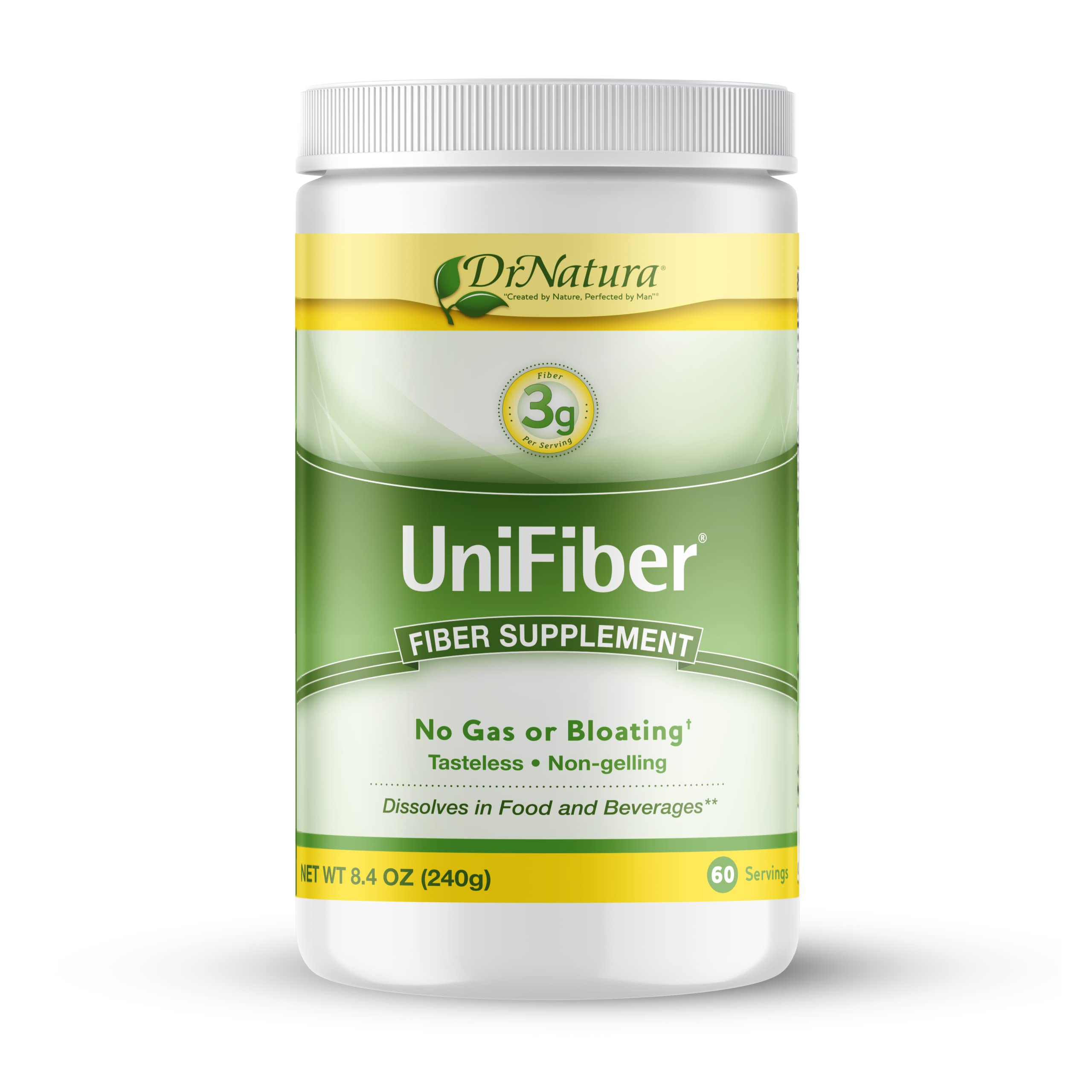 DrNatura Unifiber bottle closeup shows tasteless, gentle fiber for daily digestion.