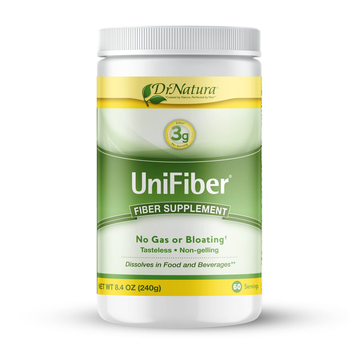 DrNatura Unifiber bottle closeup shows tasteless, gentle fiber for daily digestion.