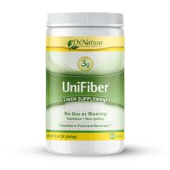 DrNatura Unifiber bottle closeup shows tasteless, gentle fiber for daily digestion.