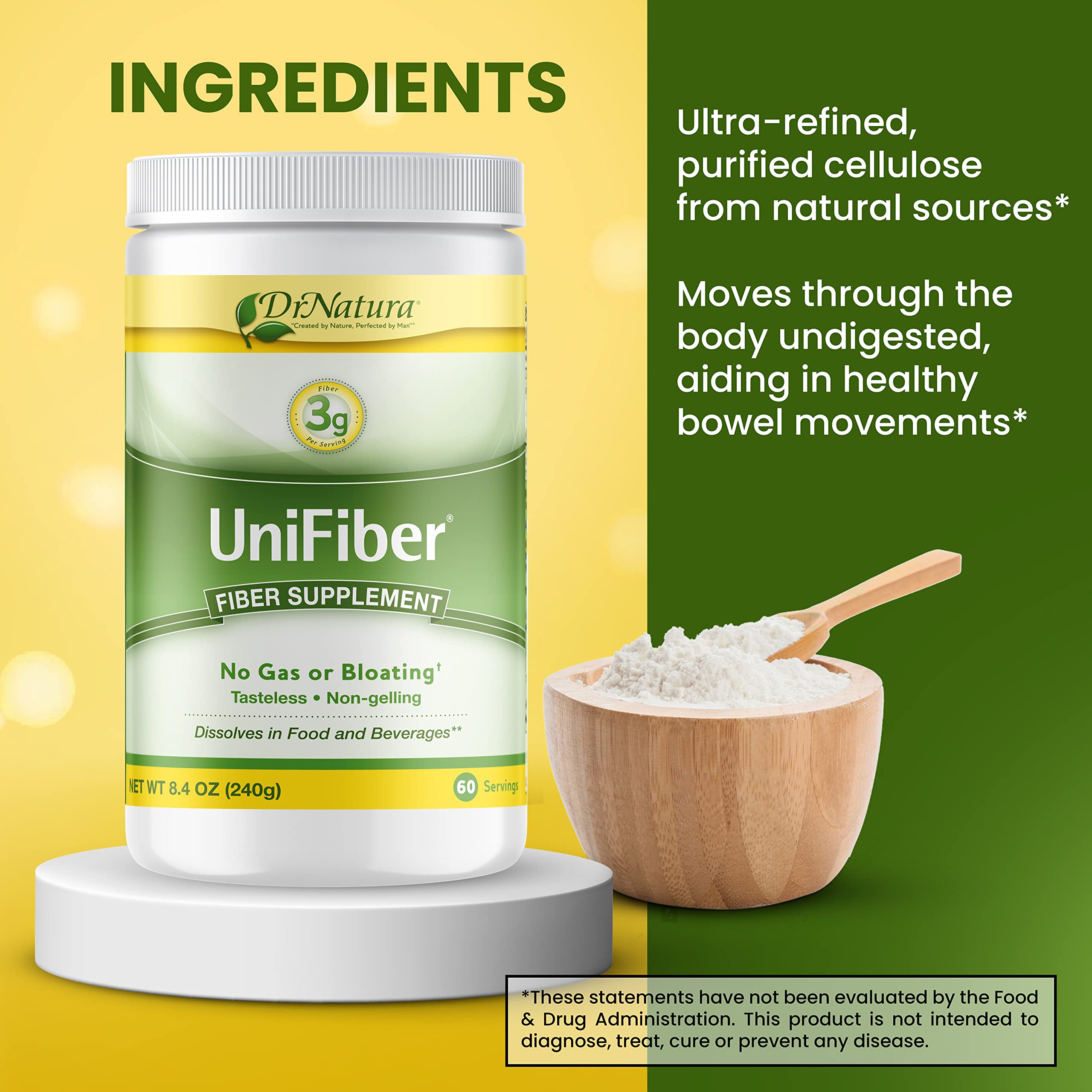 DrNatura Unifiber scoop demonstrates simple daily dosage.
