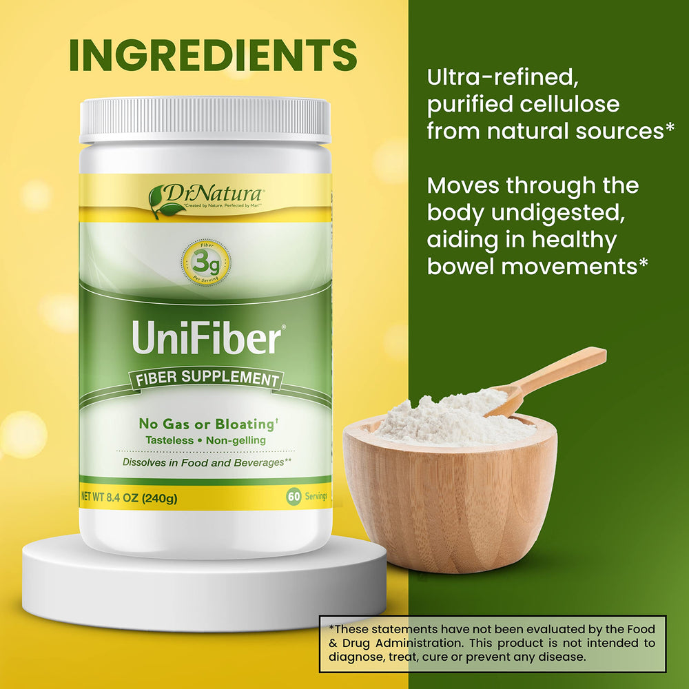 DrNatura Unifiber scoop demonstrates simple daily dosage.