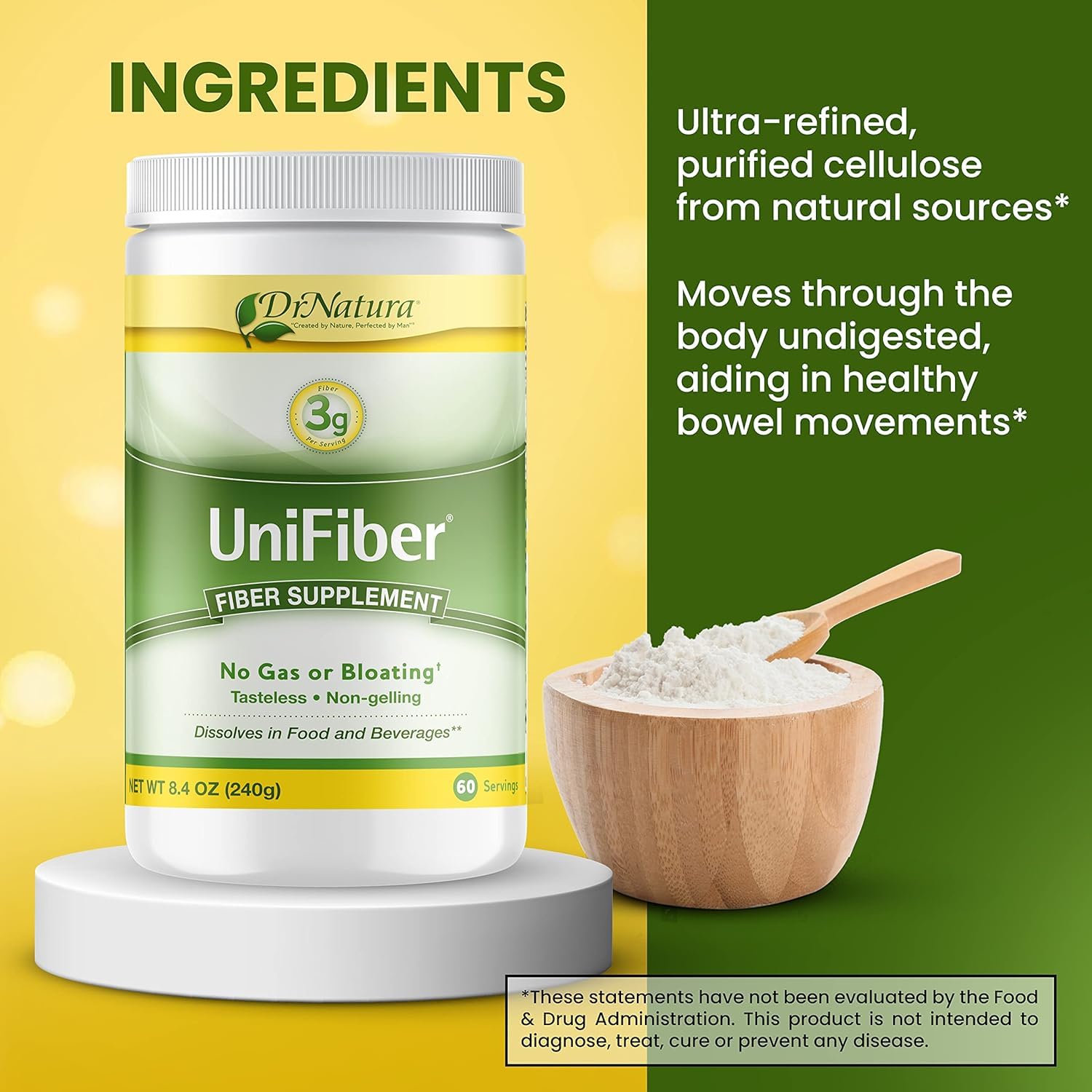 DrNatura Unifiber gluten-free label, suitable for multiple diet plans.