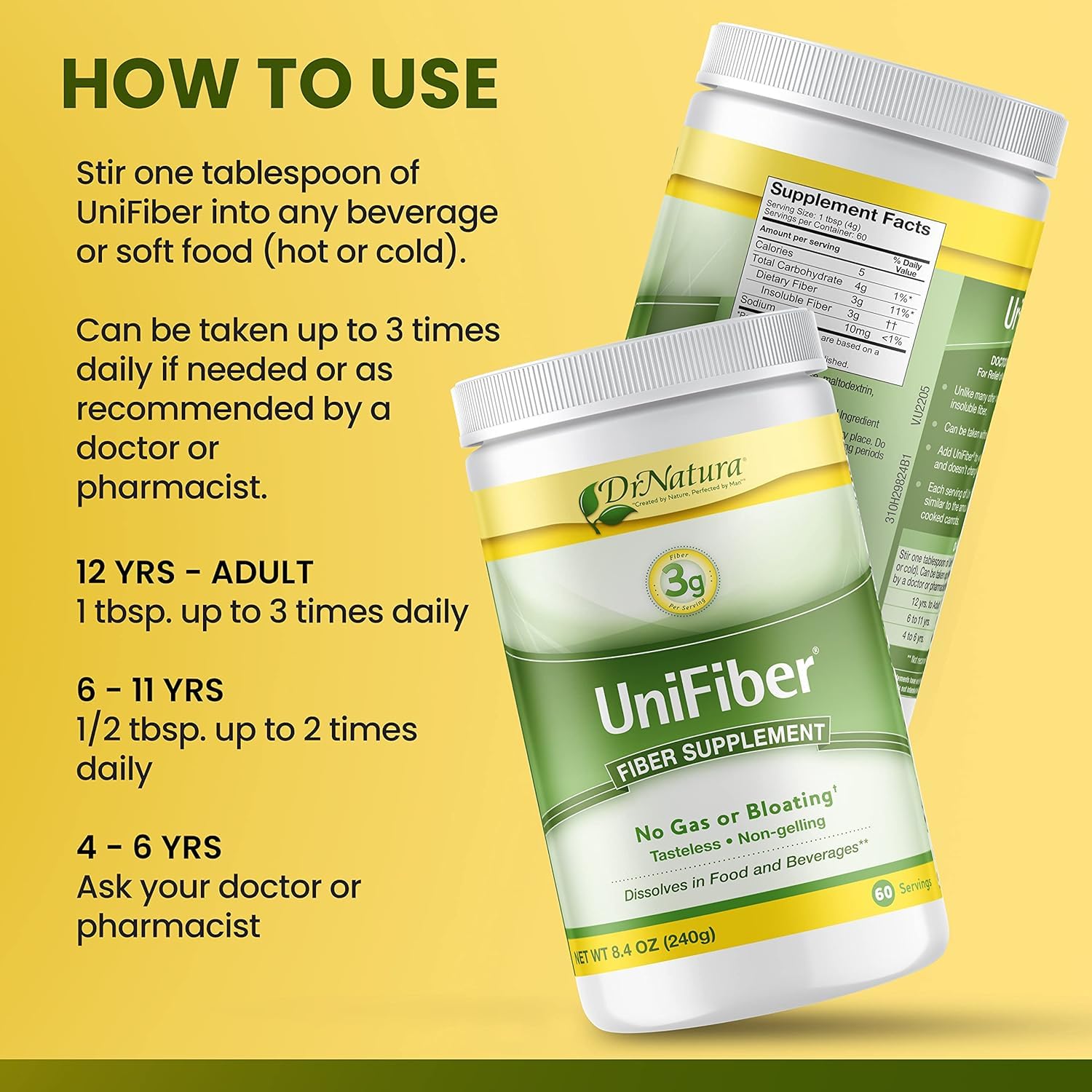 DrNatura Unifiber in cup beverage, blends smoothly for daily use.