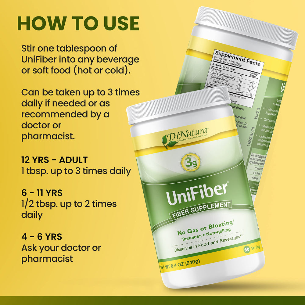 DrNatura Unifiber ingredients label highlights natural cellulose fiber.