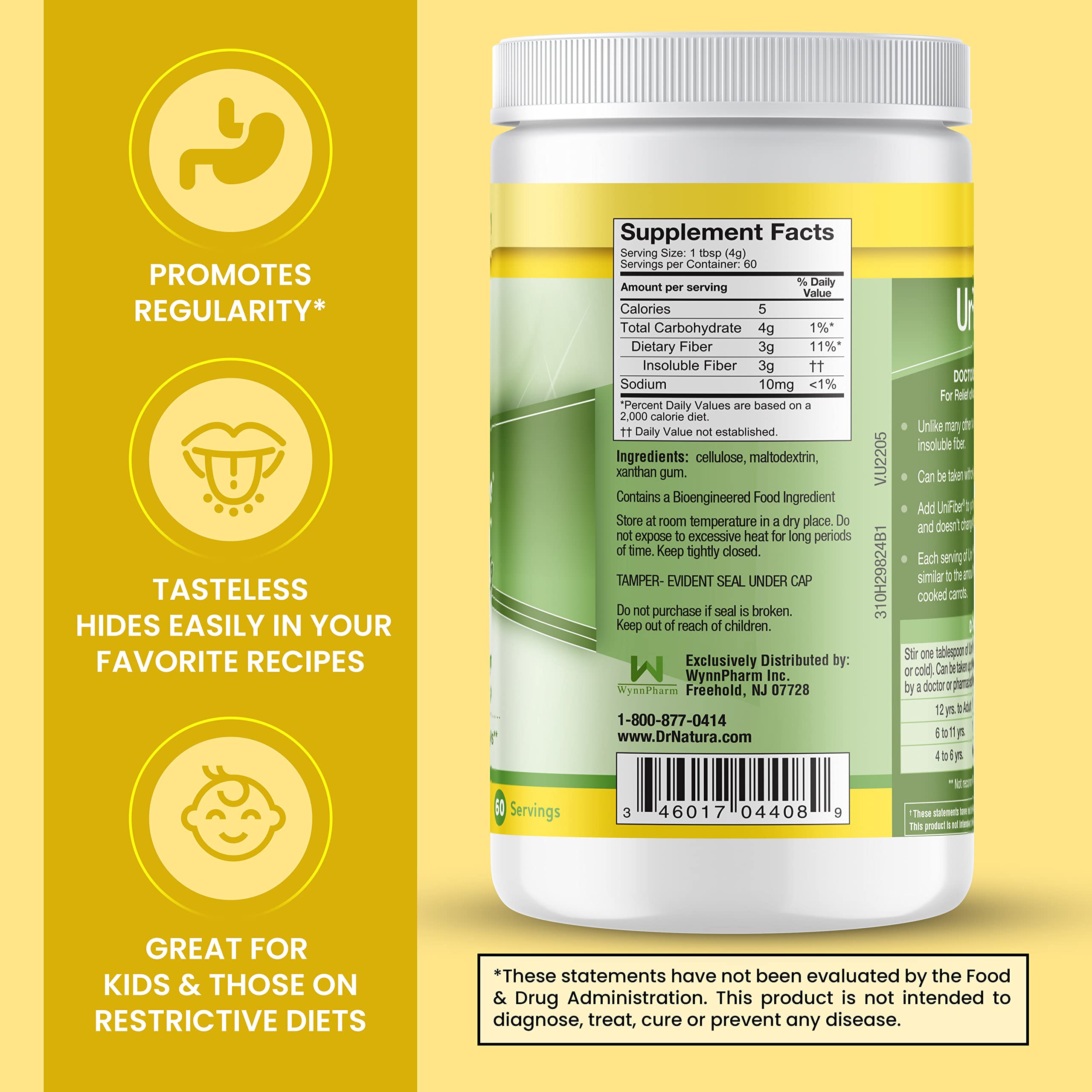 DrNatura Unifiber packaging emphasizes gluten-free, low-carb suitability.