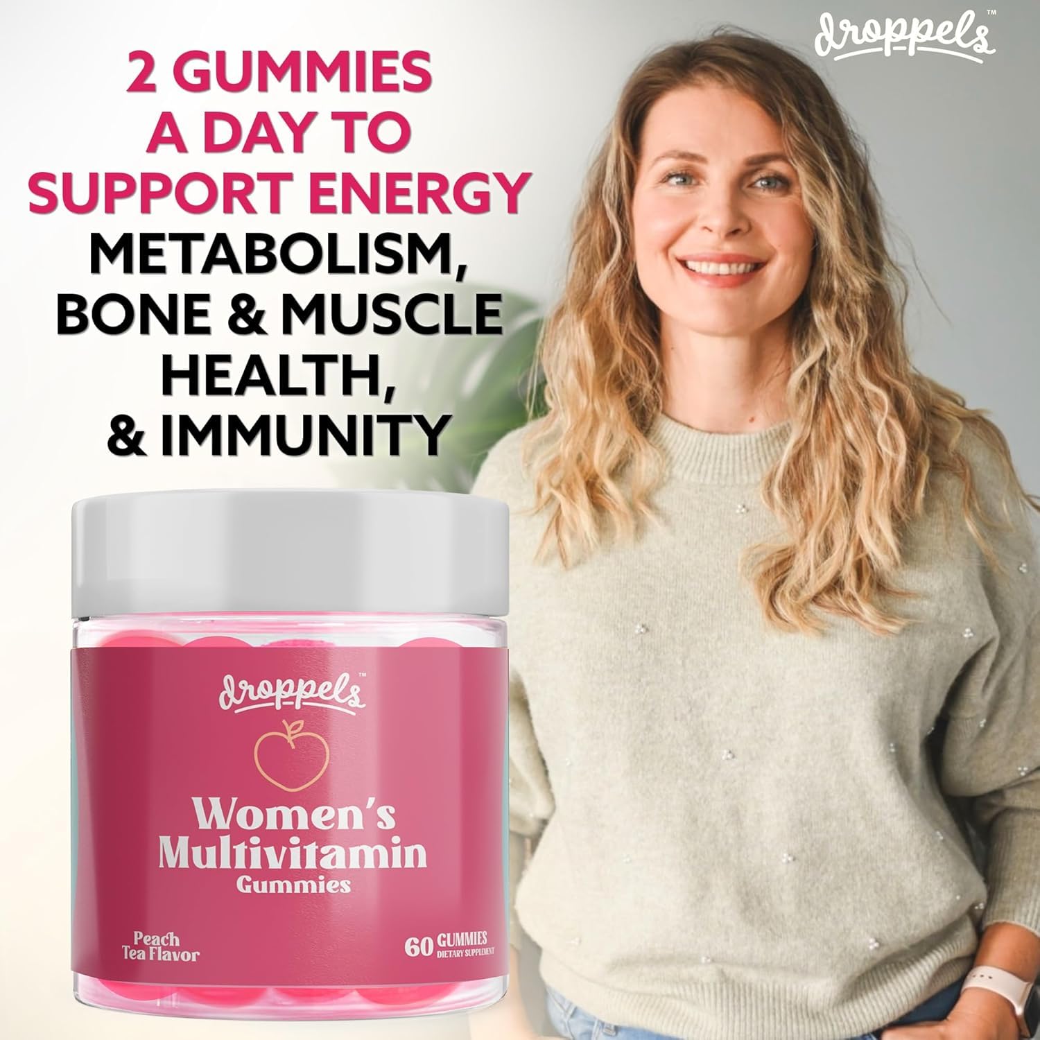 Droppels His & Hers Bundle women peach-tea gummies close-up, refreshing taste and nourishment
