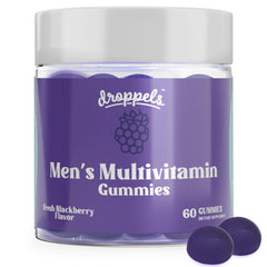 Droppels men's multivitamin gummies front label, berry flavor, daily nutrition.