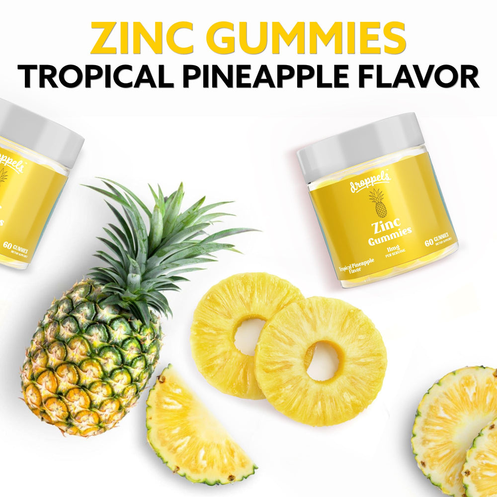 Droppels Zinc Citrate Gummies vegan label emphasizes plant-based, gluten-free nutrition.