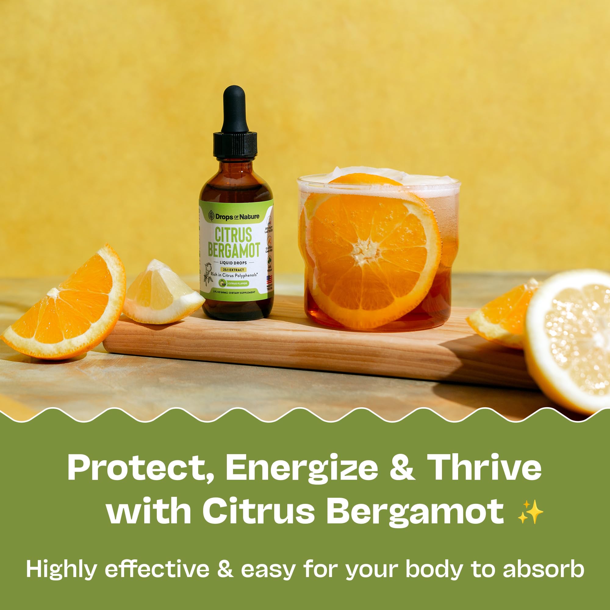 Drops Of Nature beramot product packaging highlighting vegan, gluten-free