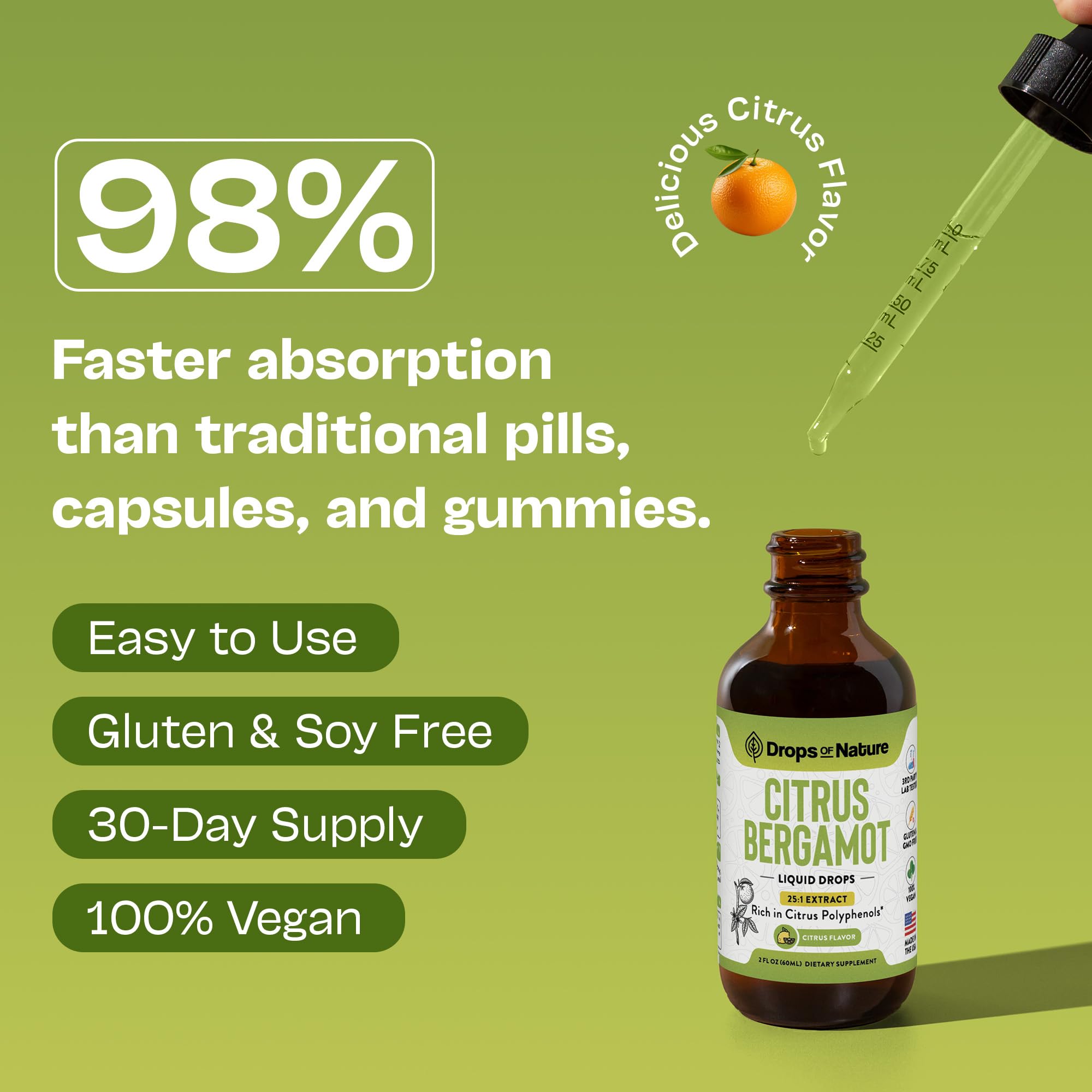 Drops Of Nature citrus bergamot label closeup on a high-quality bottle