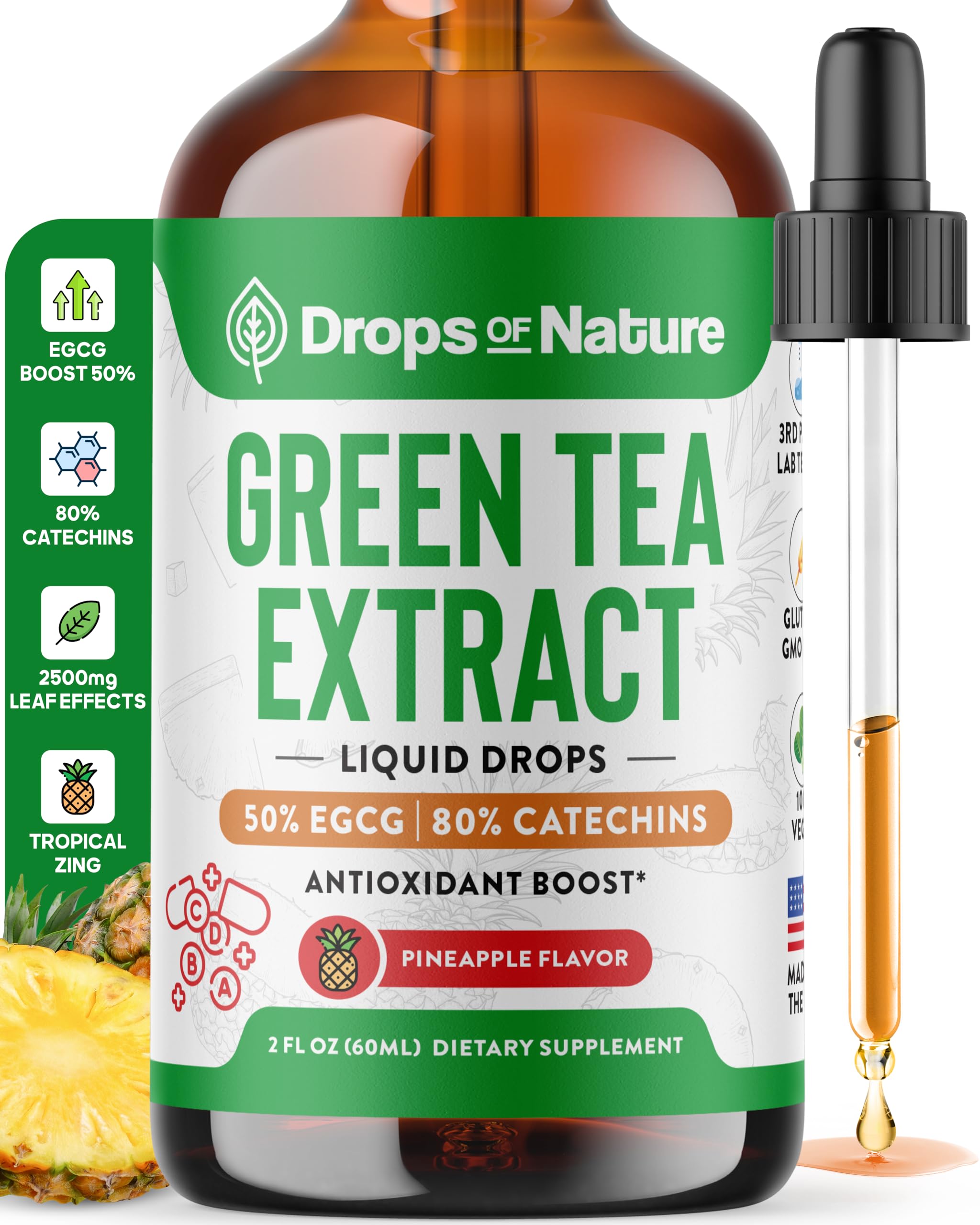 Drops Of Nature Green Tea 10:1 Extract bottle highlighting premium antioxidant support.