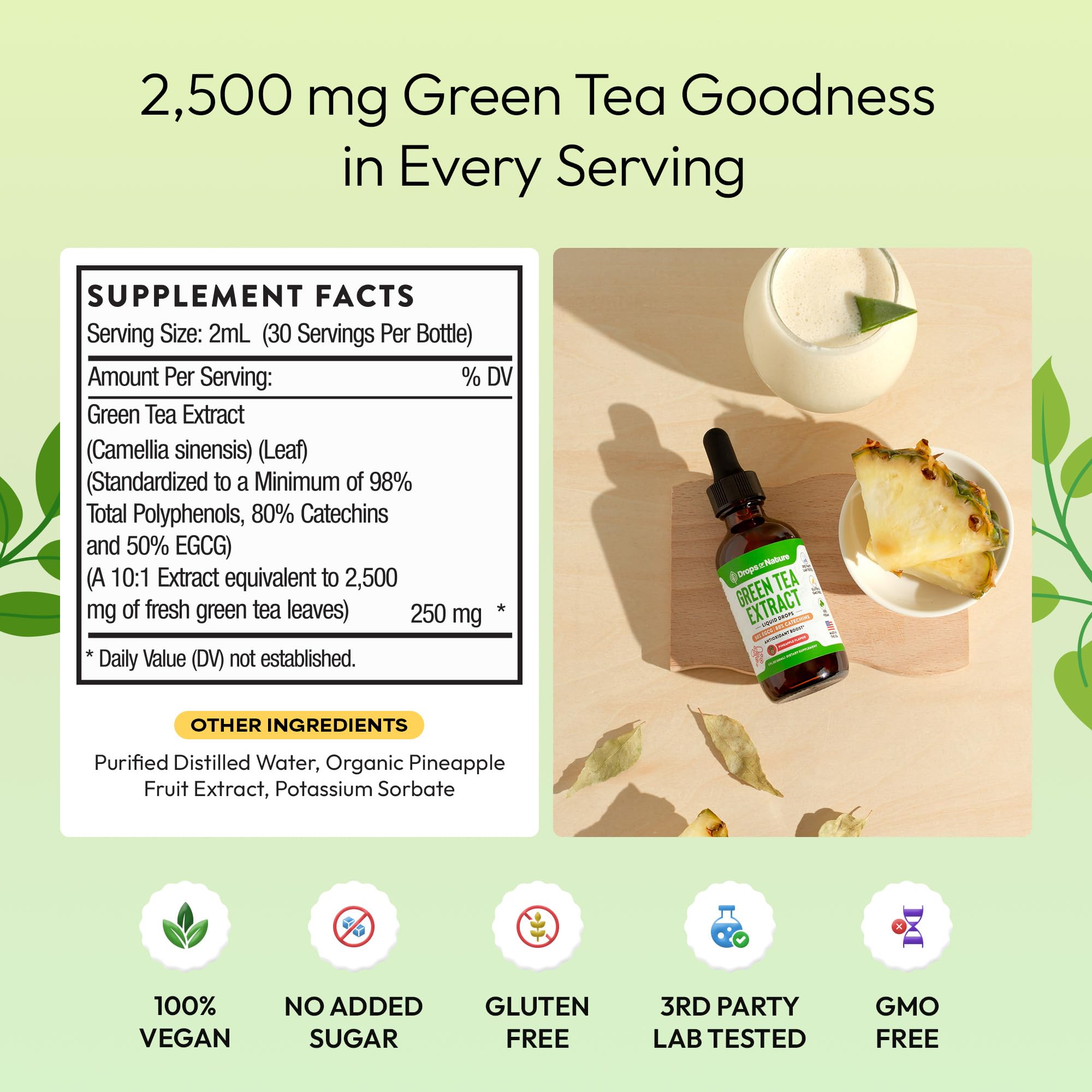 Drops Of Nature Green Tea 10:1 Extract dispensing drops illustrating fast absorption.