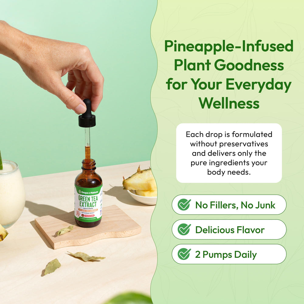 Drops Of Nature Green Tea 10:1 Extract ingredients chart highlights EGCG content.