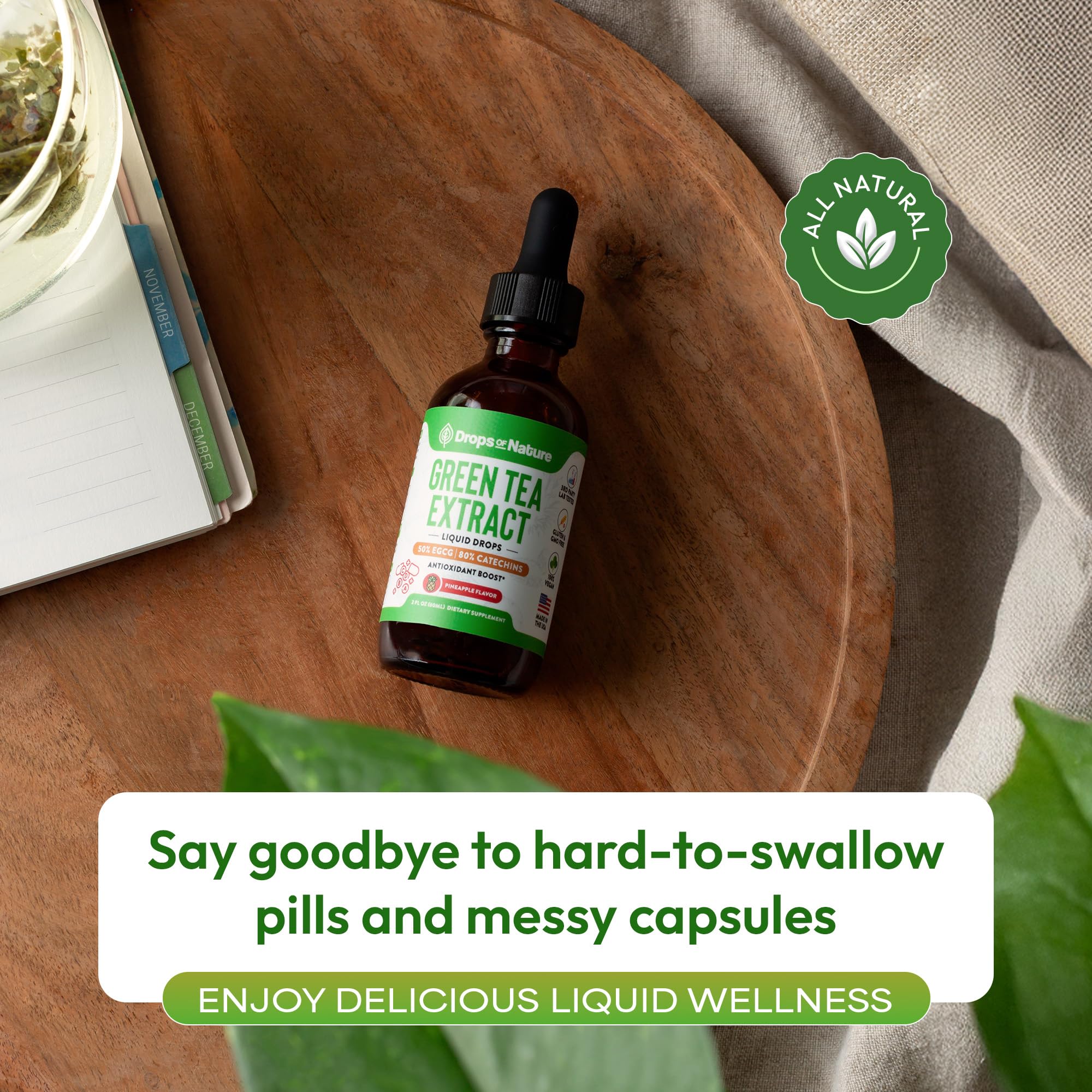 Drops Of Nature Green Tea 10:1 Extract lifestyle shot with wellness setup.