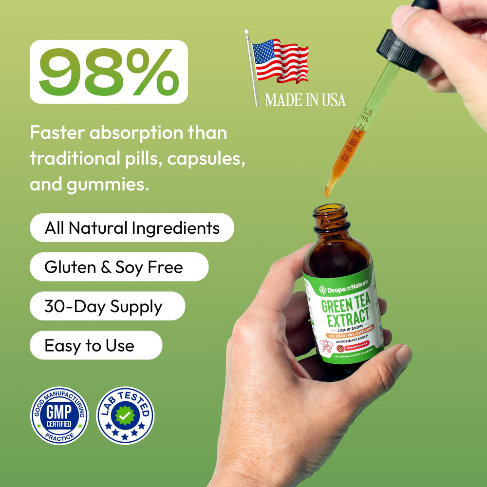 Drops Of Nature Green Tea 10:1 Extract packaging on shelf for easy shopping.