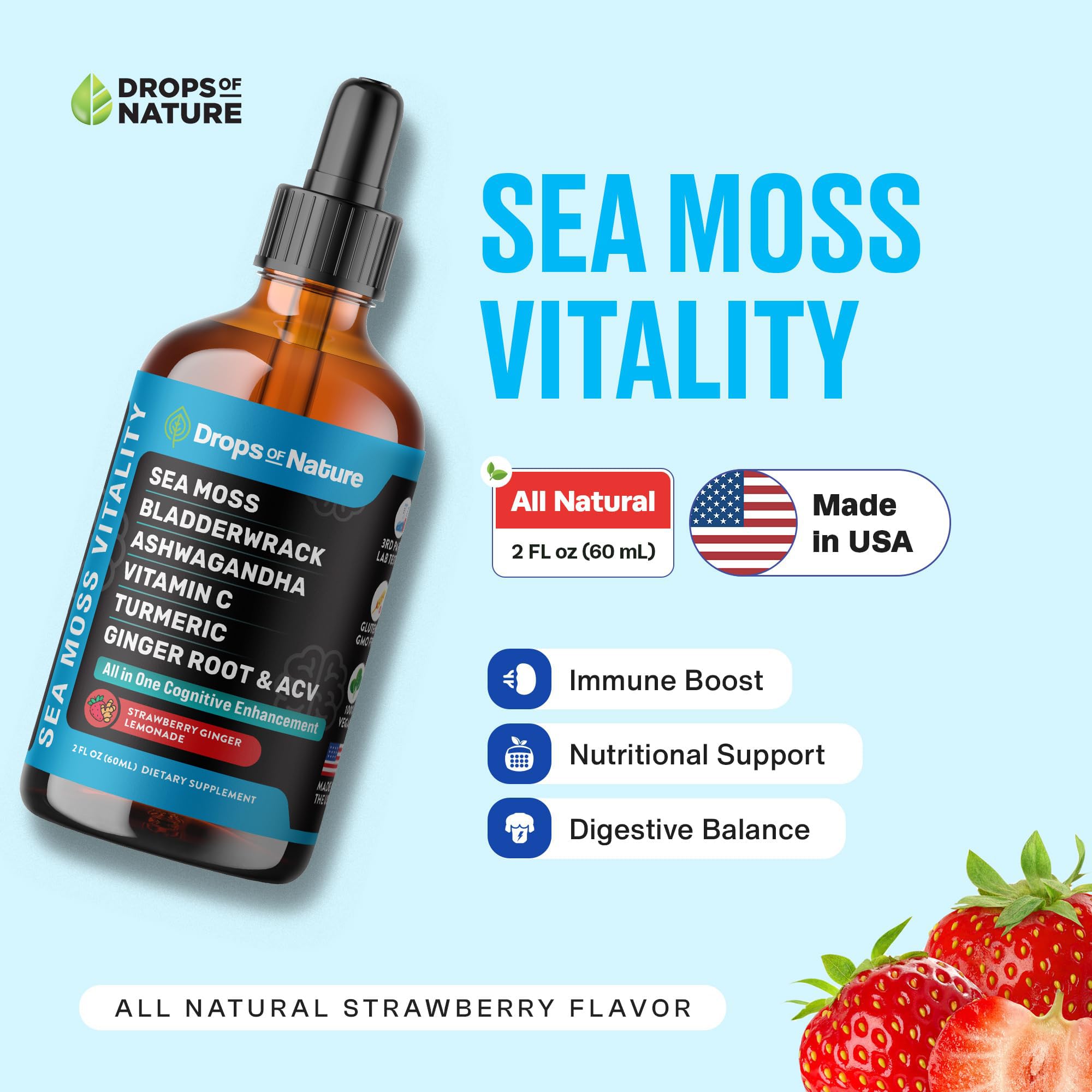 Drops Of Nature sea moss and vitamin C bottle highlights immune‑supporting ingredients.