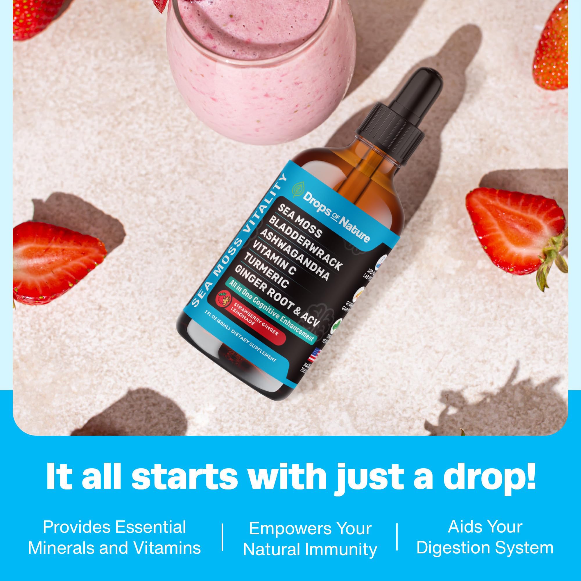Drops Of Nature Strawberry Ginger Lemonade flavor glass for a tasty wellness ritual.