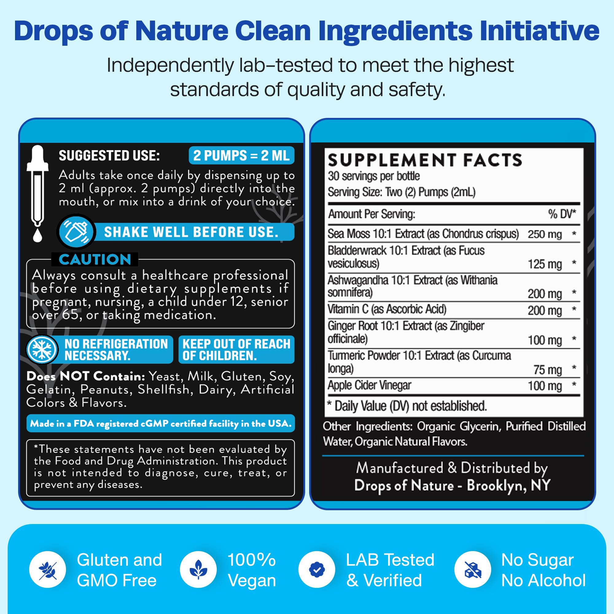 Drops Of Nature vegan formula label emphasizing clean, plant-based wellness.