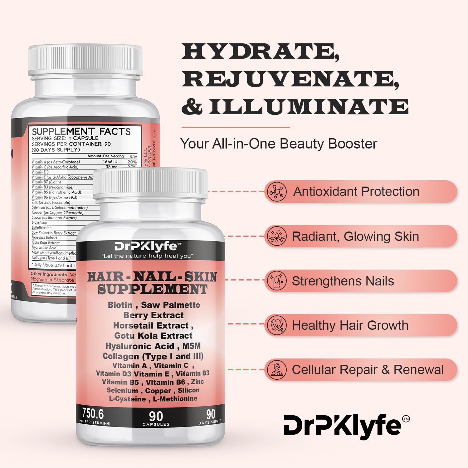 DrPKLyfe capsules closeup of collagen and hyaluronic acid for skin hydration.