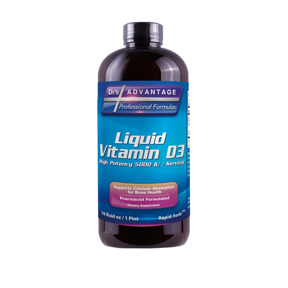 Dr's Advantage Liquid Vitamin D3 5000 IU bottle for daily bone and immune support.