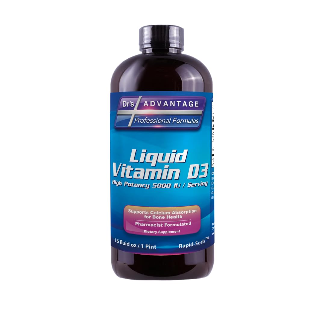 Dr's Advantage Liquid Vitamin D3 5000 IU bottle for daily bone and immune support.