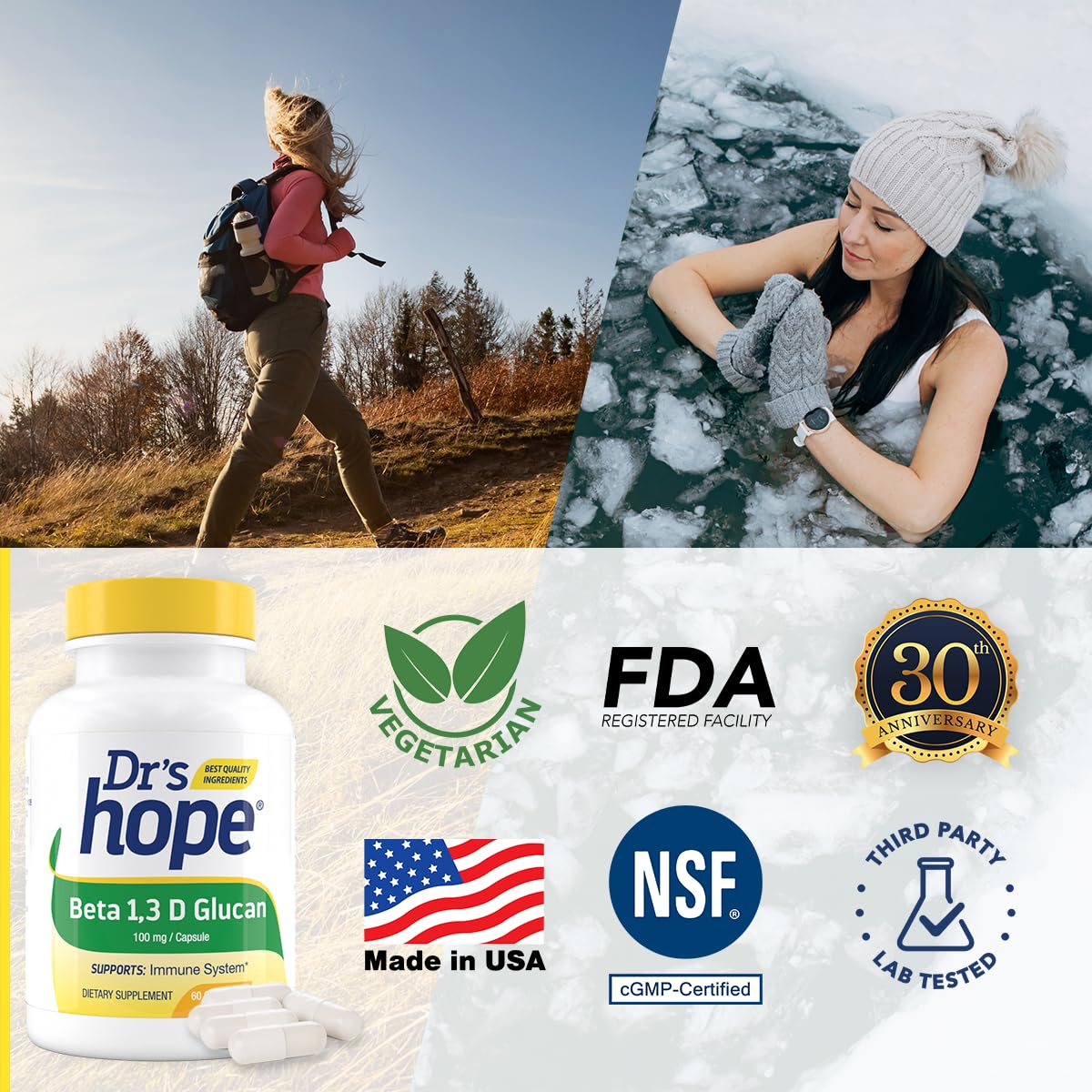 Dr’s Hope Beta Glucan bottle with glass of water.