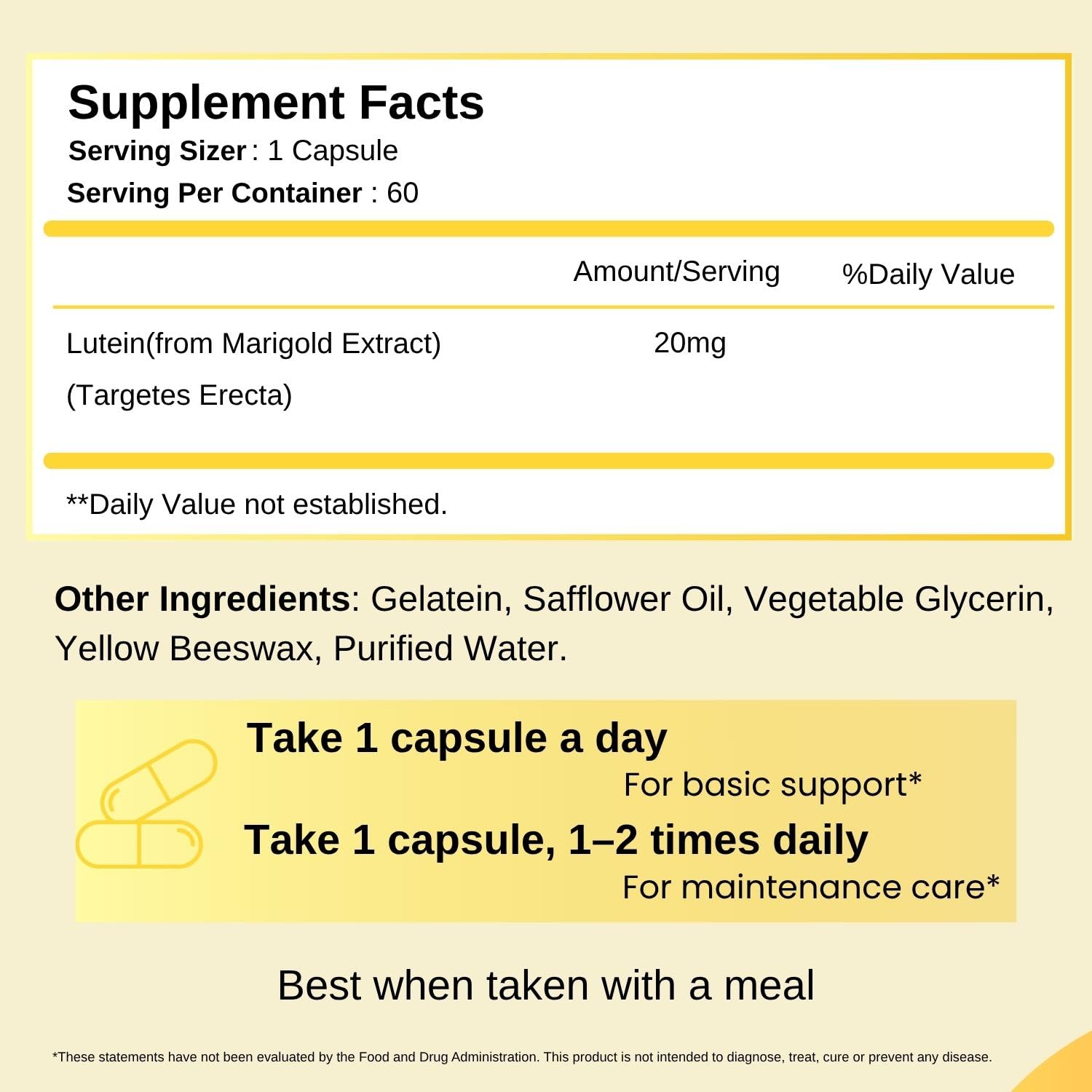 Dr’s Hope Lutein 20 mg cap and label show gluten-free, non-GMO assurances.