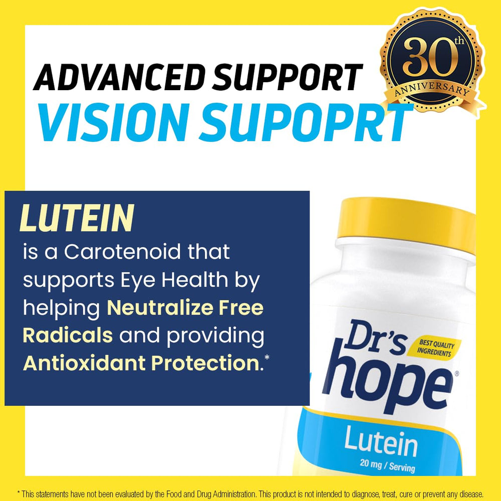 Dr’s Hope Lutein 20 mg daily dose with soft capsules for easy use.