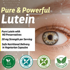 Dr’s Hope Lutein 20 mg derived from kale and spinach; plant-based eye nutrients.