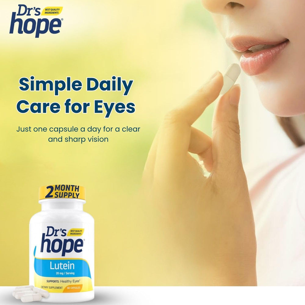 Dr’s Hope Lutein 20 mg bottle sits in a morning routine setup.