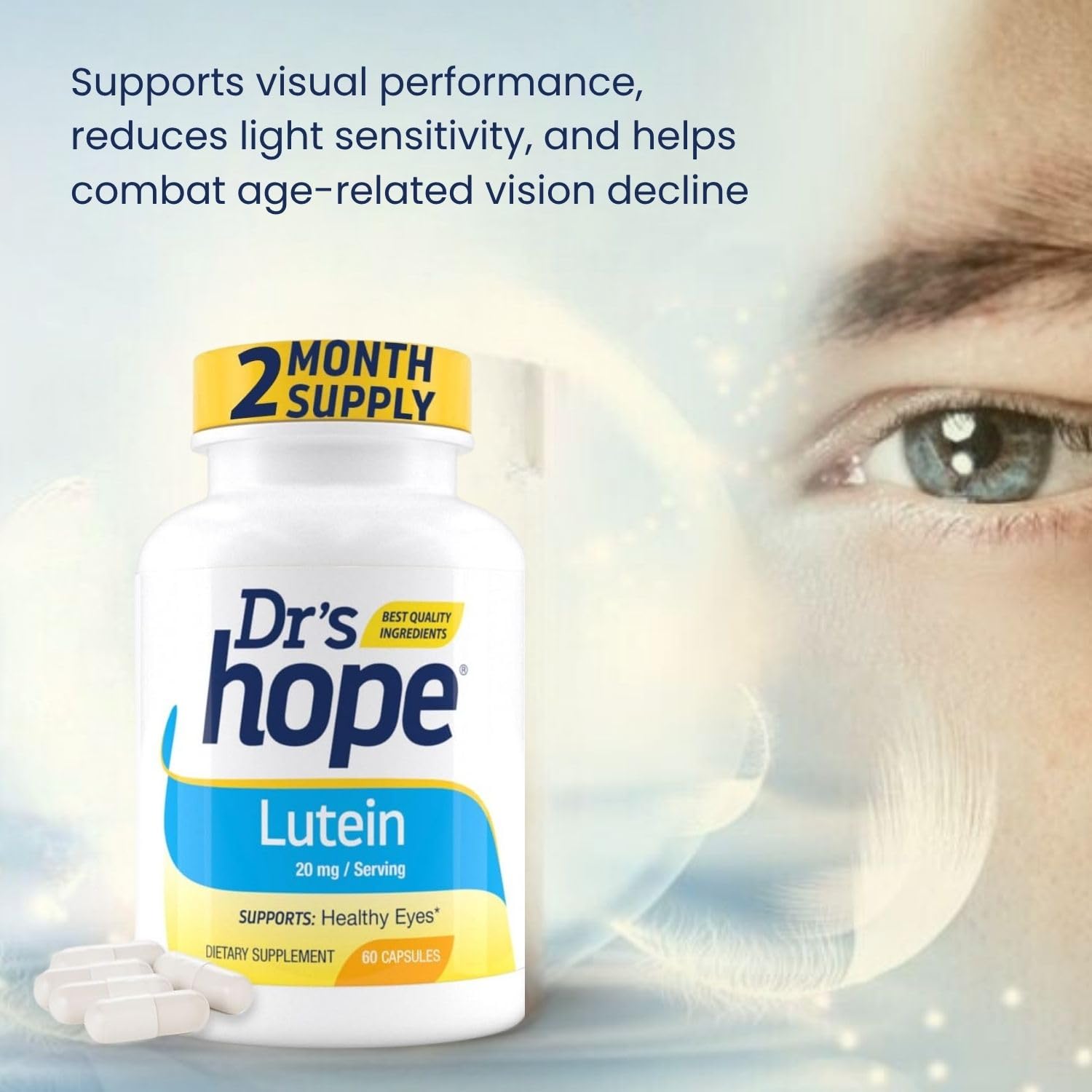 Dr’s Hope Lutein 20 mg packaging shows non-GMO and gluten-free attributes.