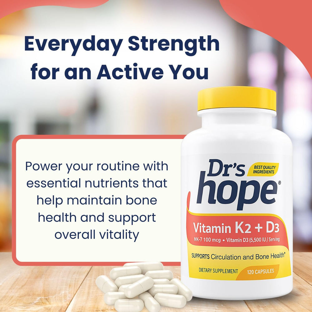 Dr’s Hope Vitamin D3 5000 IU bottle for calcium absorption support.
