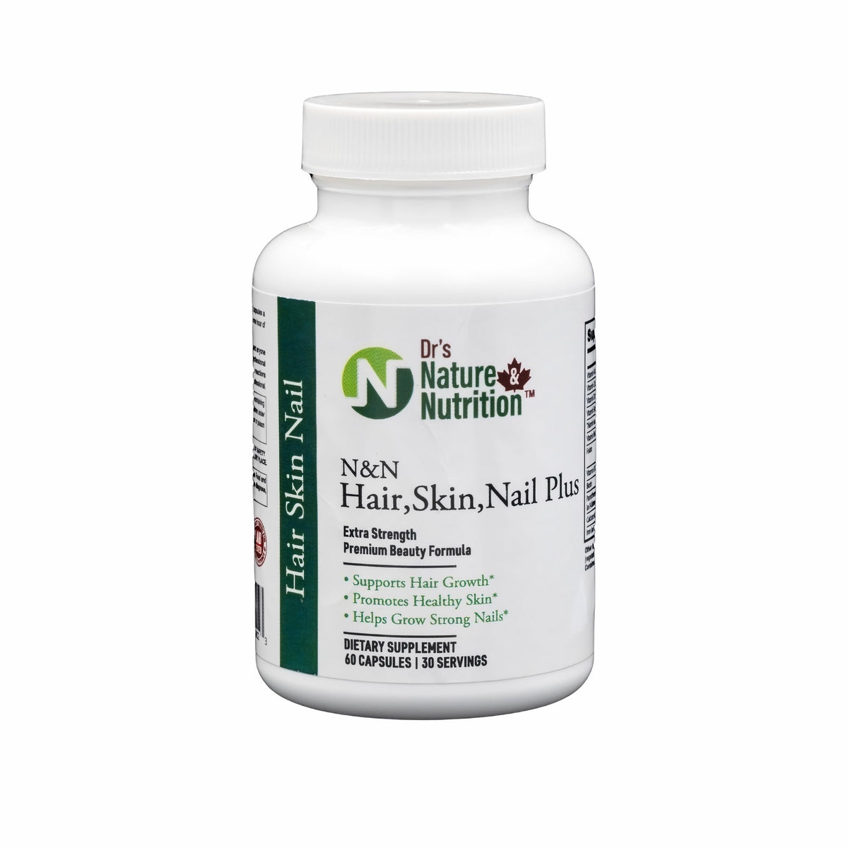 Dr's Nature & Nutrition Hair, Skin & Nails Plus bottle—daily beauty support for hair, skin, and nails.