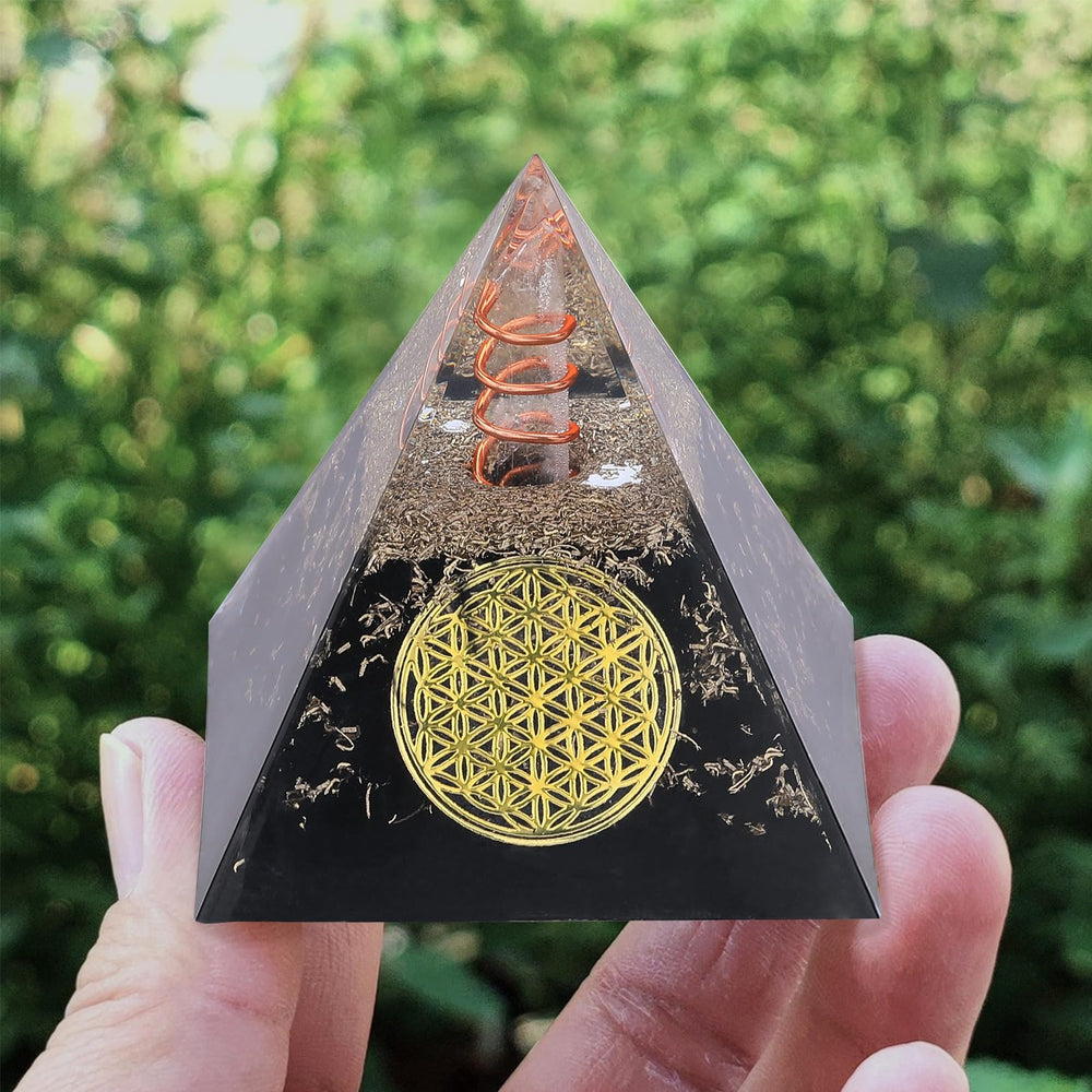 DRTMLY Orgone Pyramid Obsidian close-up crystal details for energy balance