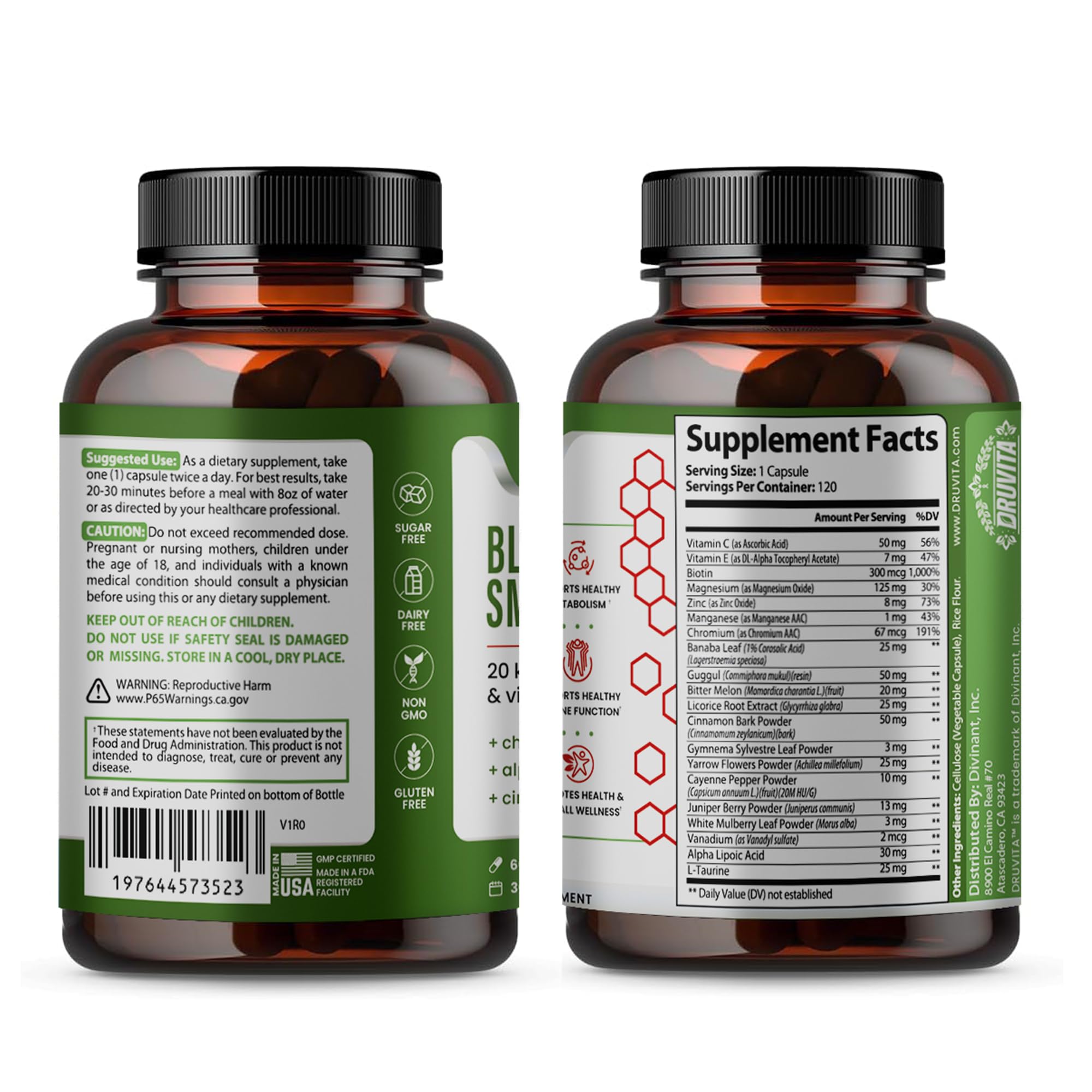Druvita Blood Sugar Smarts ingredients closeup highlighting natural botanicals for wellness