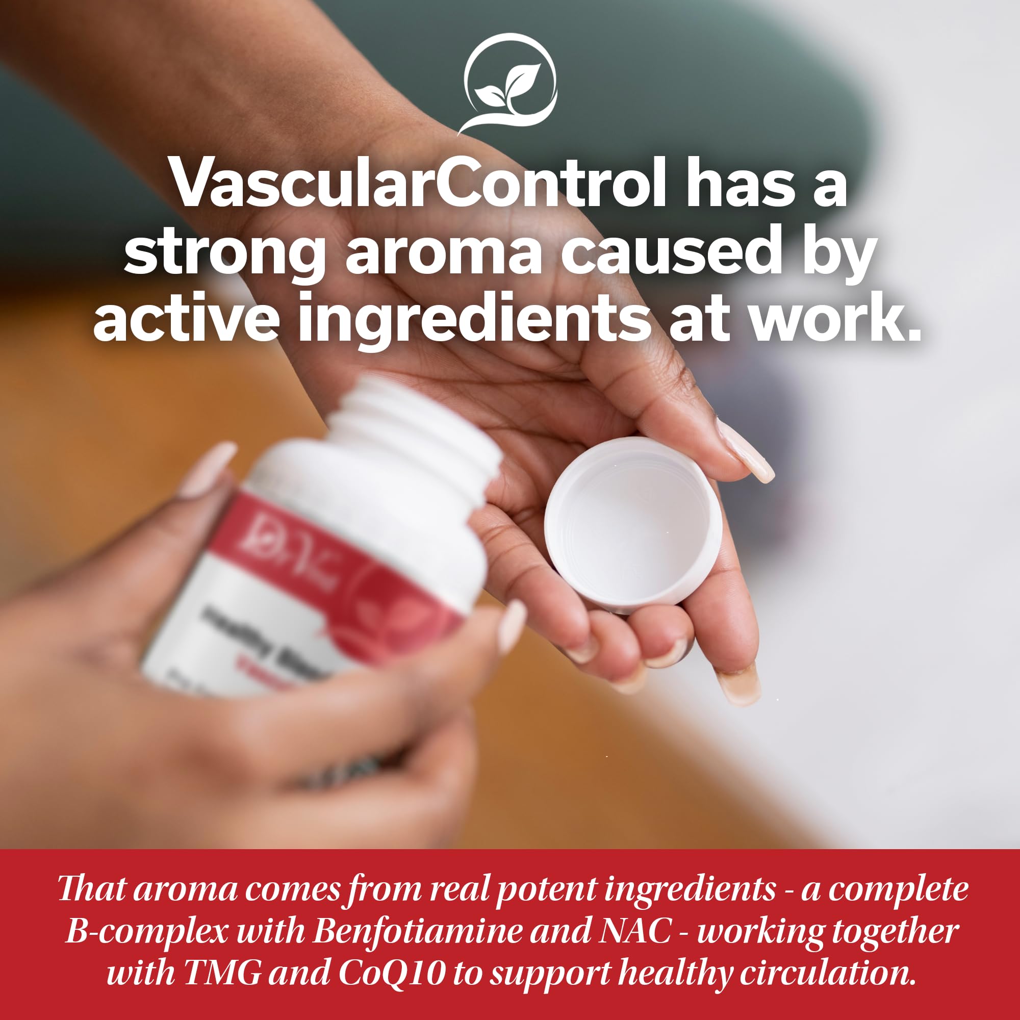 DrVmd Vascular Control capsules closeview shows daily dosage guidance.