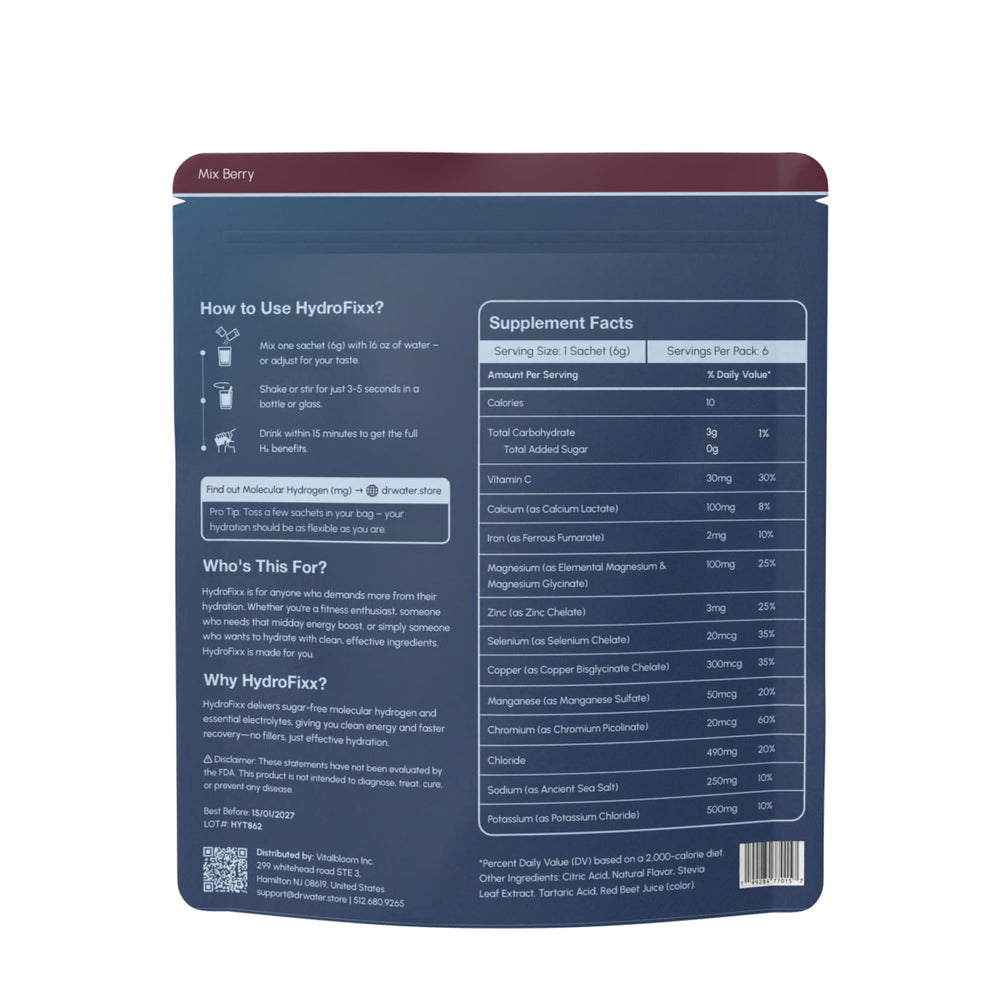 Dr.Water HydroFixx MixBerry packet dissolving in glass for electrolyte refreshment