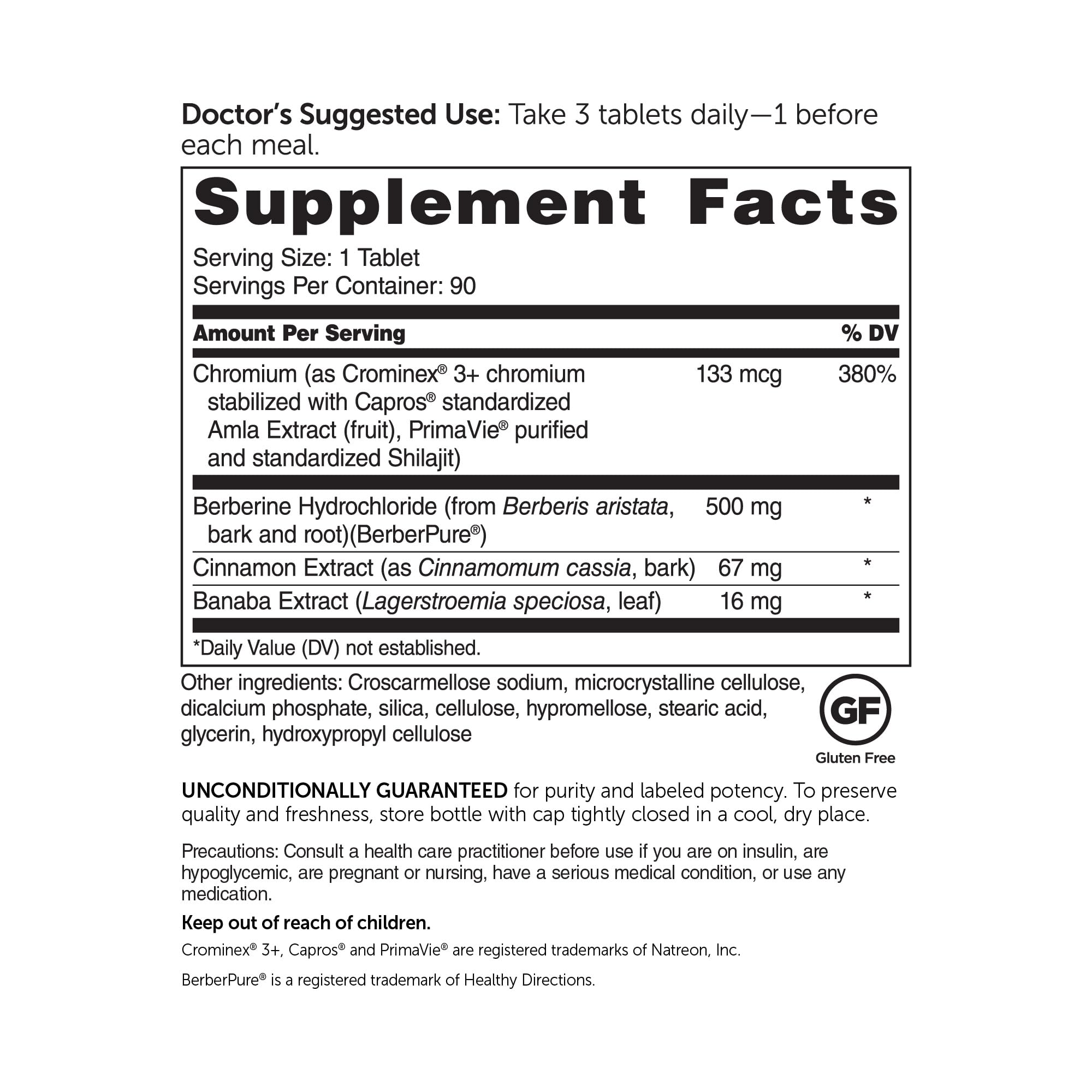 Dr. Whitaker's Berberine GlucoGold ingredients panel showing BerberPure and Banaba.
