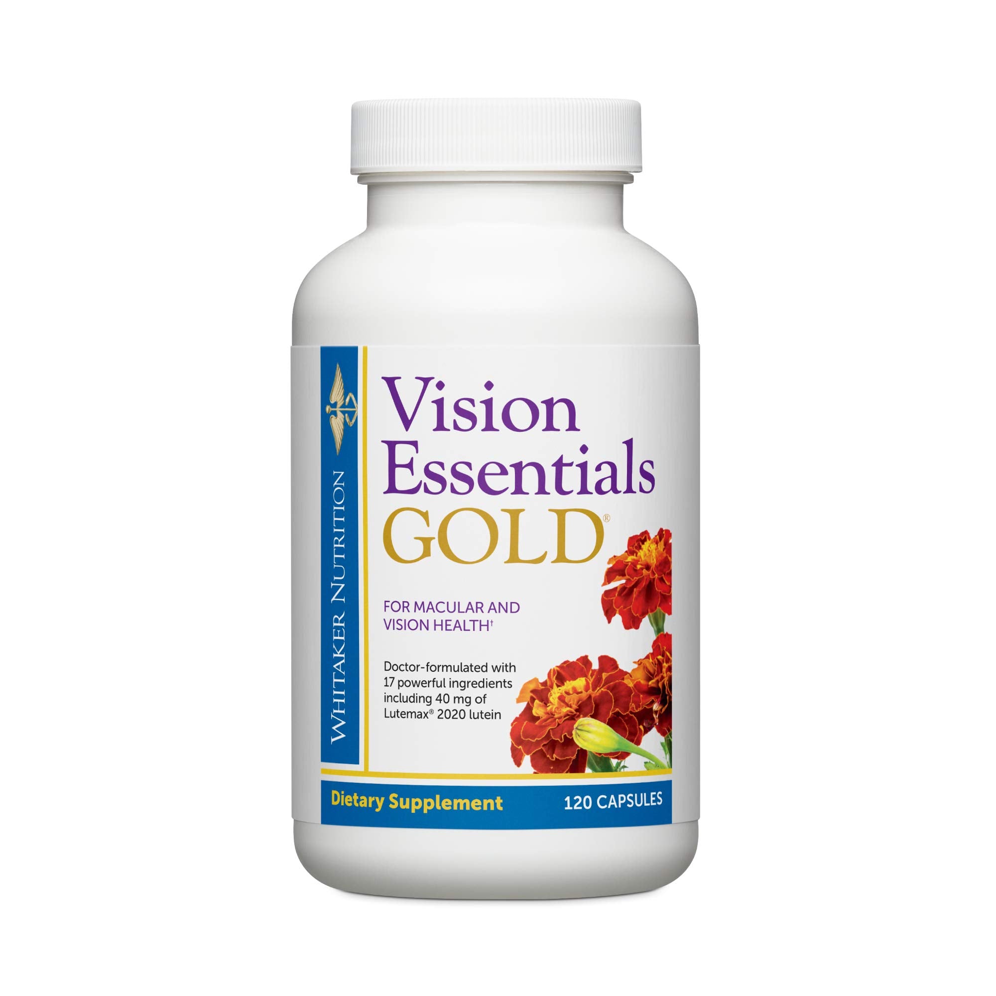 DR.WHITAKER Vision Essentials Gold bottle front highlighting macula-supporting Lutemax 2020 lutein