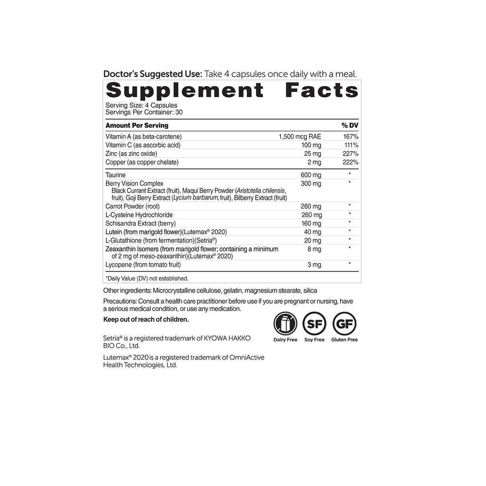 DR.WHITAKER Vision Essentials Gold packaging close-up showing carotenoids and antioxidants