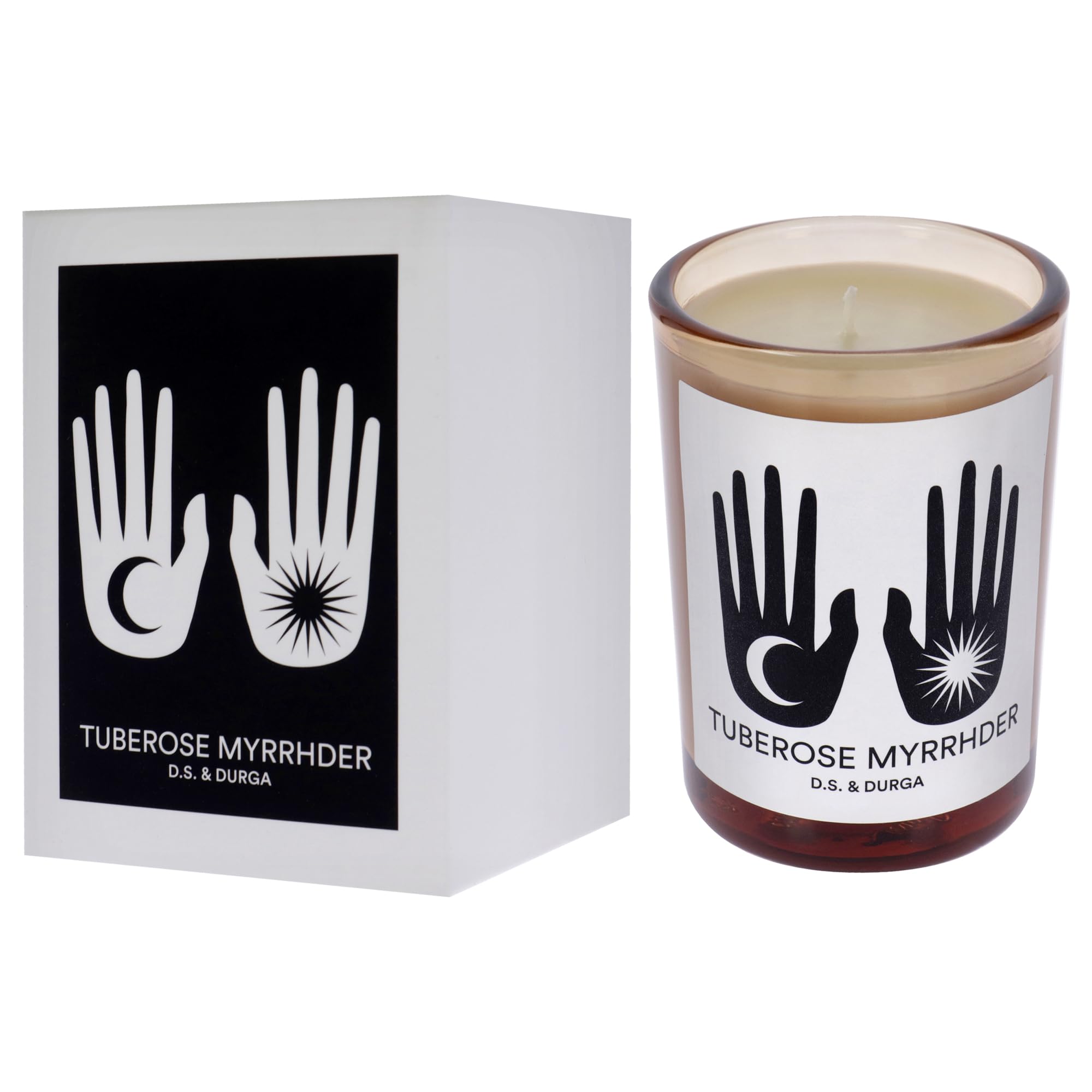 DS & Durga Tuberose Myrrhder candle burning emits warm, inviting glow