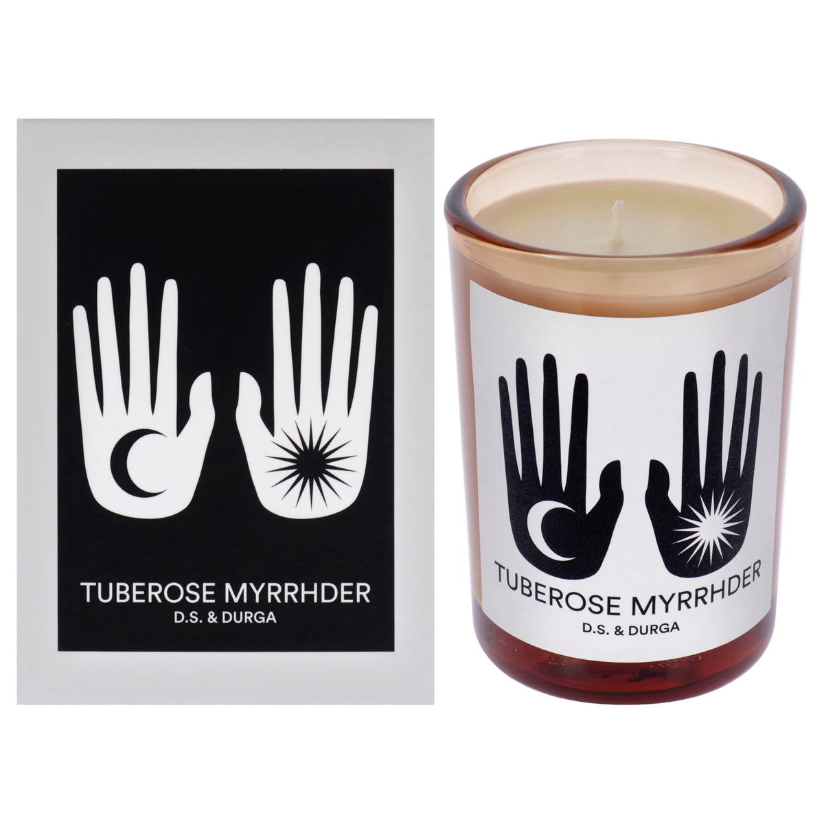 DS & Durga Tuberose Myrrhder candle front view, welcoming floral warmth for cozy evenings