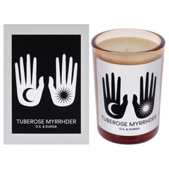 DS & Durga Tuberose Myrrhder candle front view, welcoming floral warmth for cozy evenings